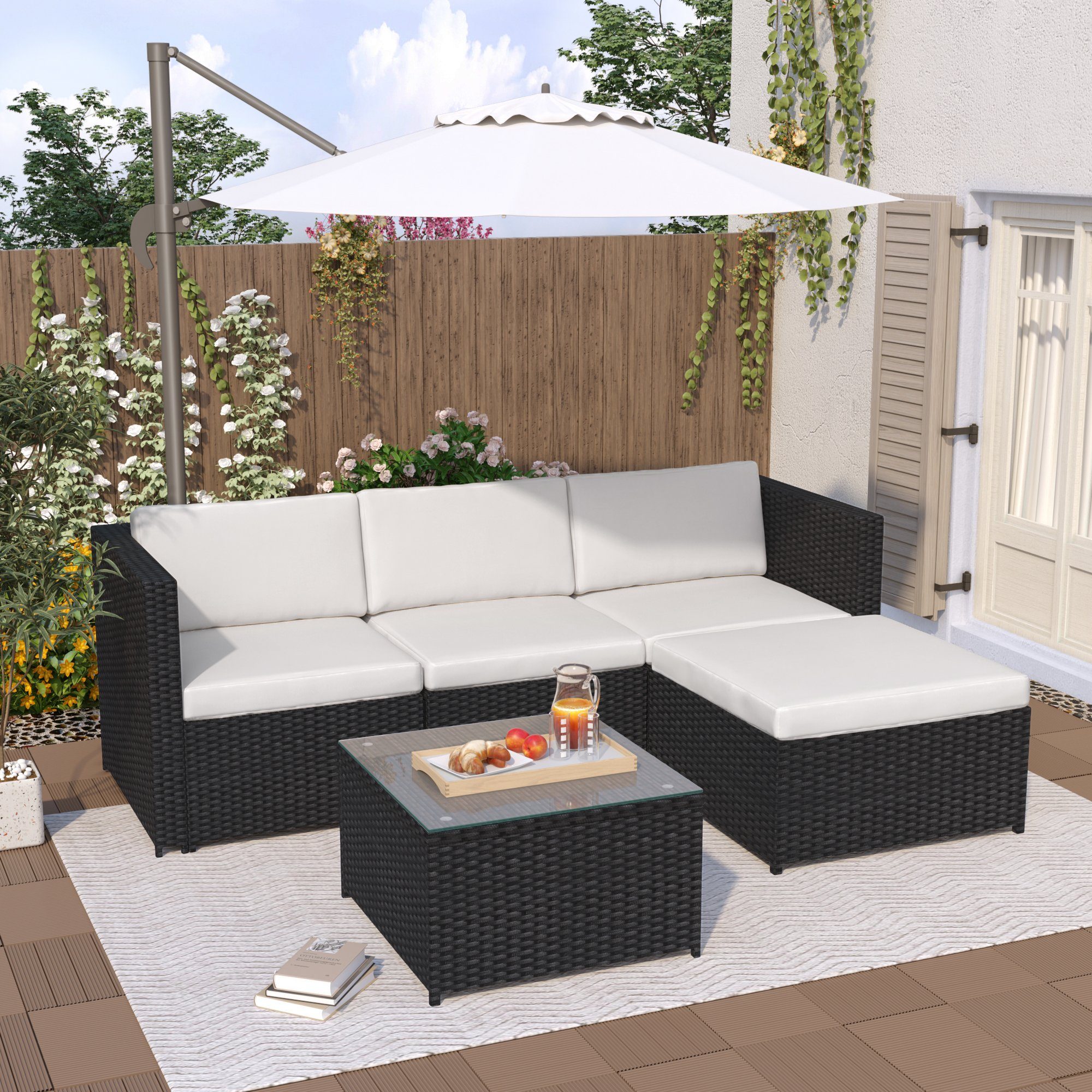 Gartenlounge-Set, (5-tlg., Gartenmöbel Set für 4 Personen), Polyrattan Sitzgruppe mit Garten-Sofa, Garten-Tisch und Hocker