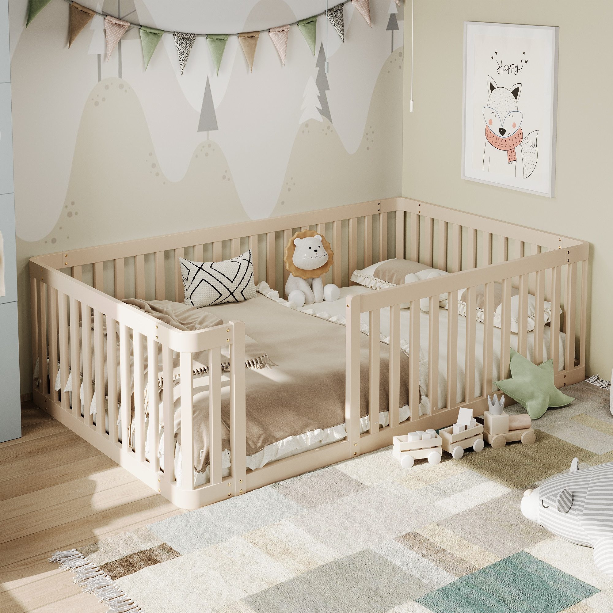 BlingBin Kinderbett 90x200 mit Rausfallschutz, Holzbett Massivholz Kiefer (Holzbett, 1-tlg., 1tlg), Bodenbett mit Zaun halbgeschlossen, Montessori Bett Kinder