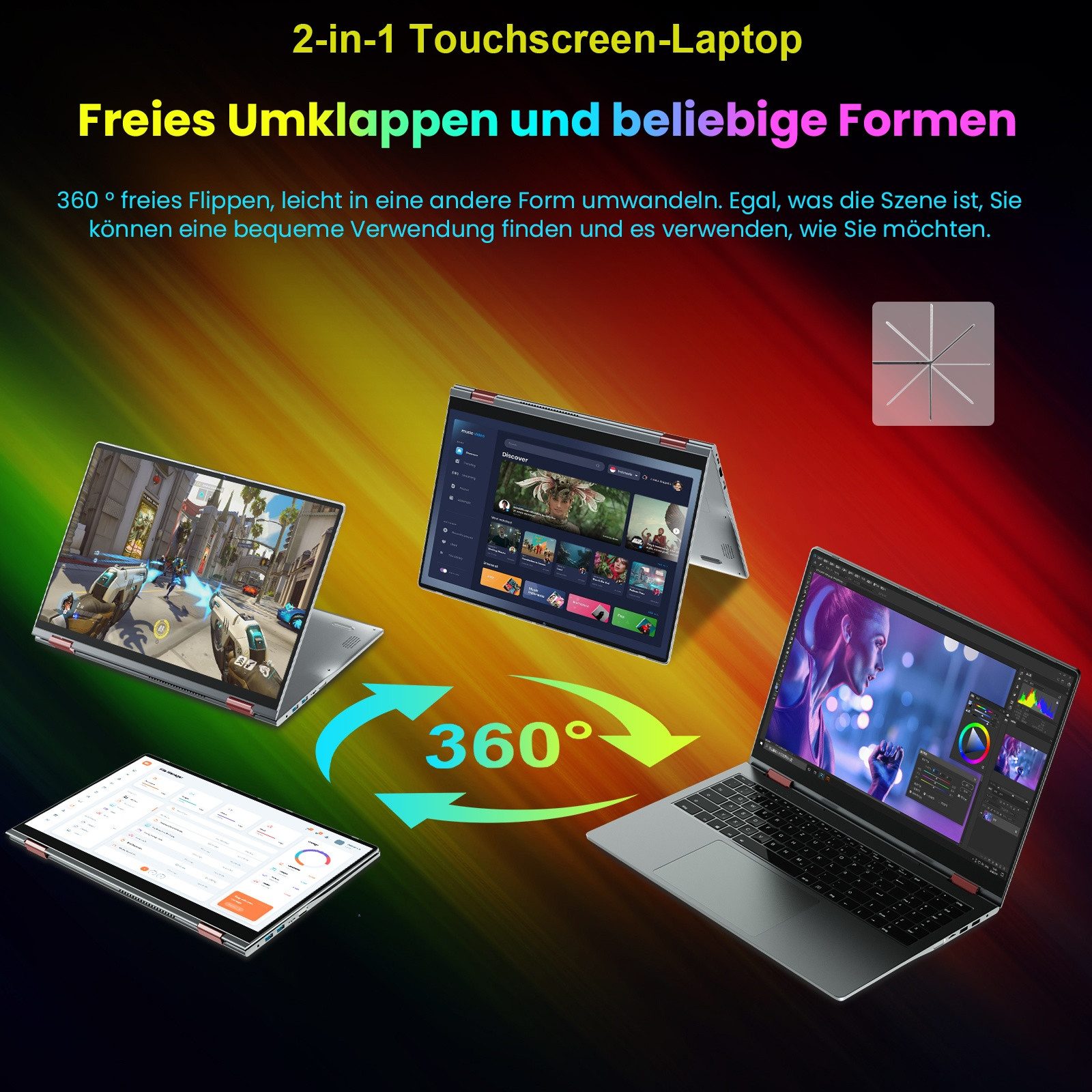 MENGHU 2-in-1 Convertible Laptop Touch-Screen Beleuchtet-Tastatur Notebook (Intel N5095, Intel UHD Graphics, 16 GB, 640 GB SSD, 4-core CPU)