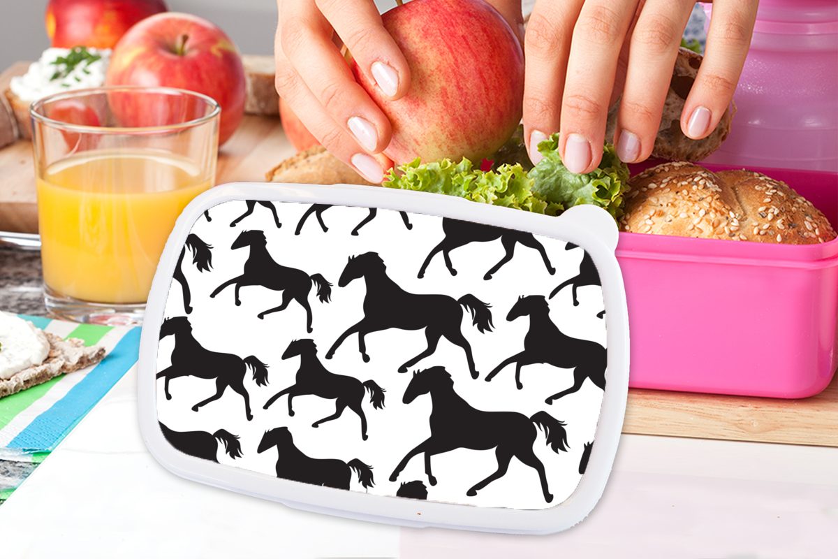 MuchoWow Lunchbox - - - Weiß Erwachsene, - Mädchen Mädchen, für Muster Brotdose Kunststoff, Kunststoff Kinder, Kinder Mädchen, (2-tlg), Pferde Brotbox - rosa Snackbox