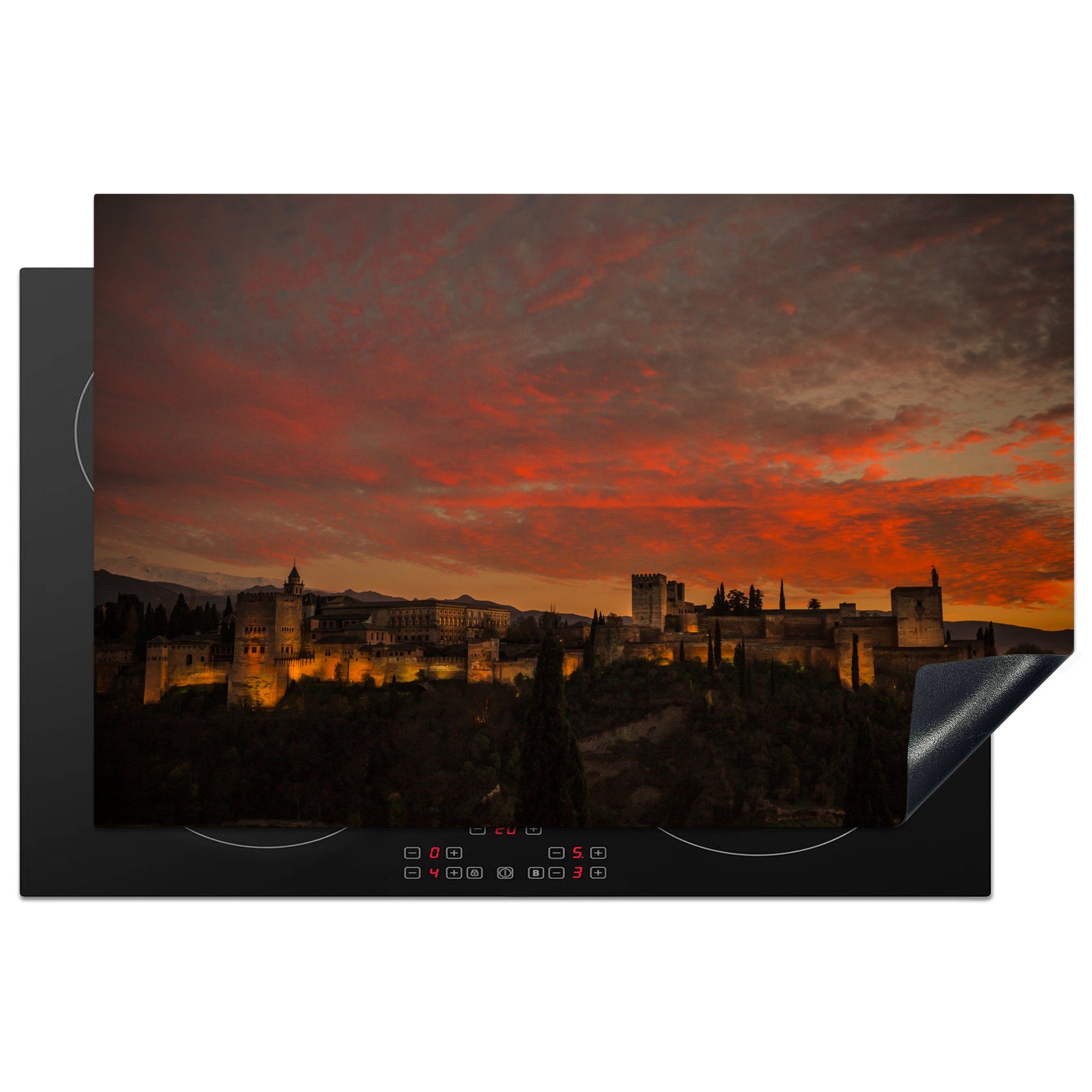MuchoWow Herdblende-/Abdeckplatte Alhambra-Palast unter orangefarbenem Himmel, Vinyl, (1 tlg), 81x52 cm, Induktionskochfeld Schutz für die küche, Ceranfeldabdeckung