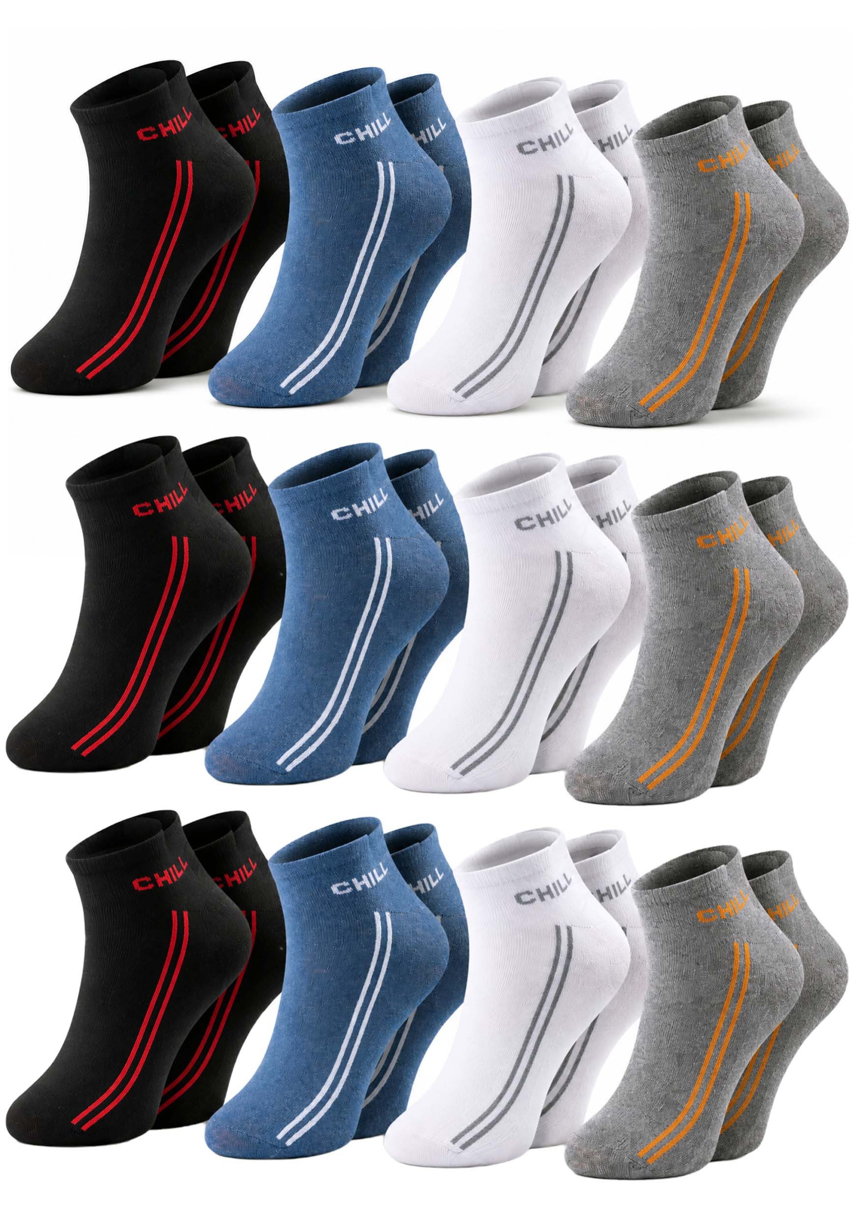 Chili Lifestyle Sneakersocken PREMIUM Sneaker Socken Damen & Herren aus Baumwolle, atmungsaktiv (Multipack, 12-Paar, 4 Farbdesigns - AirGrip Komfortbund ohne Gummidruck) Low Cut Sneaker Socken für Sport, Alltag & Freizeit