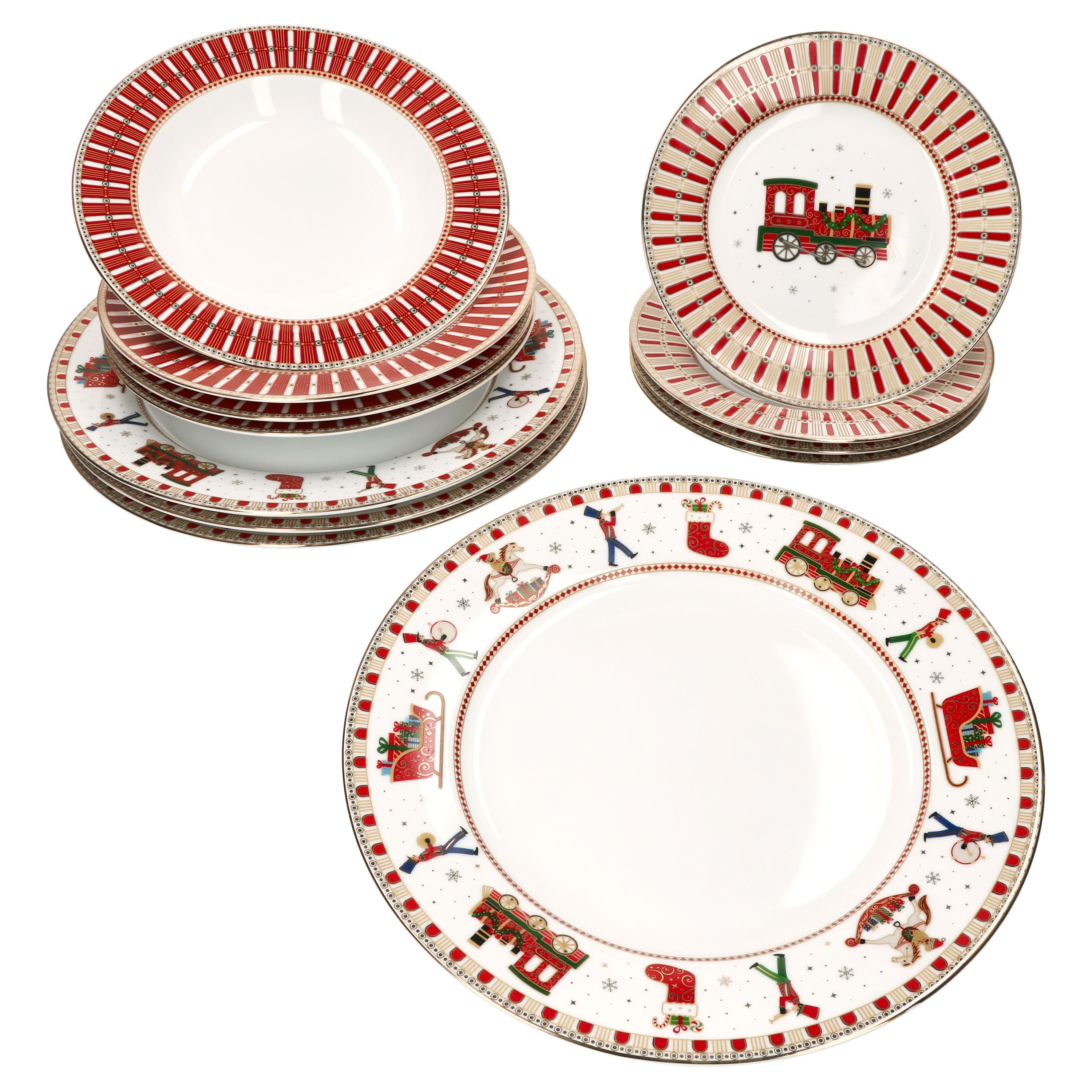 Teller-Set 12tlg. Teller Set Polar Train 4 Personen Porzellan Teller rot