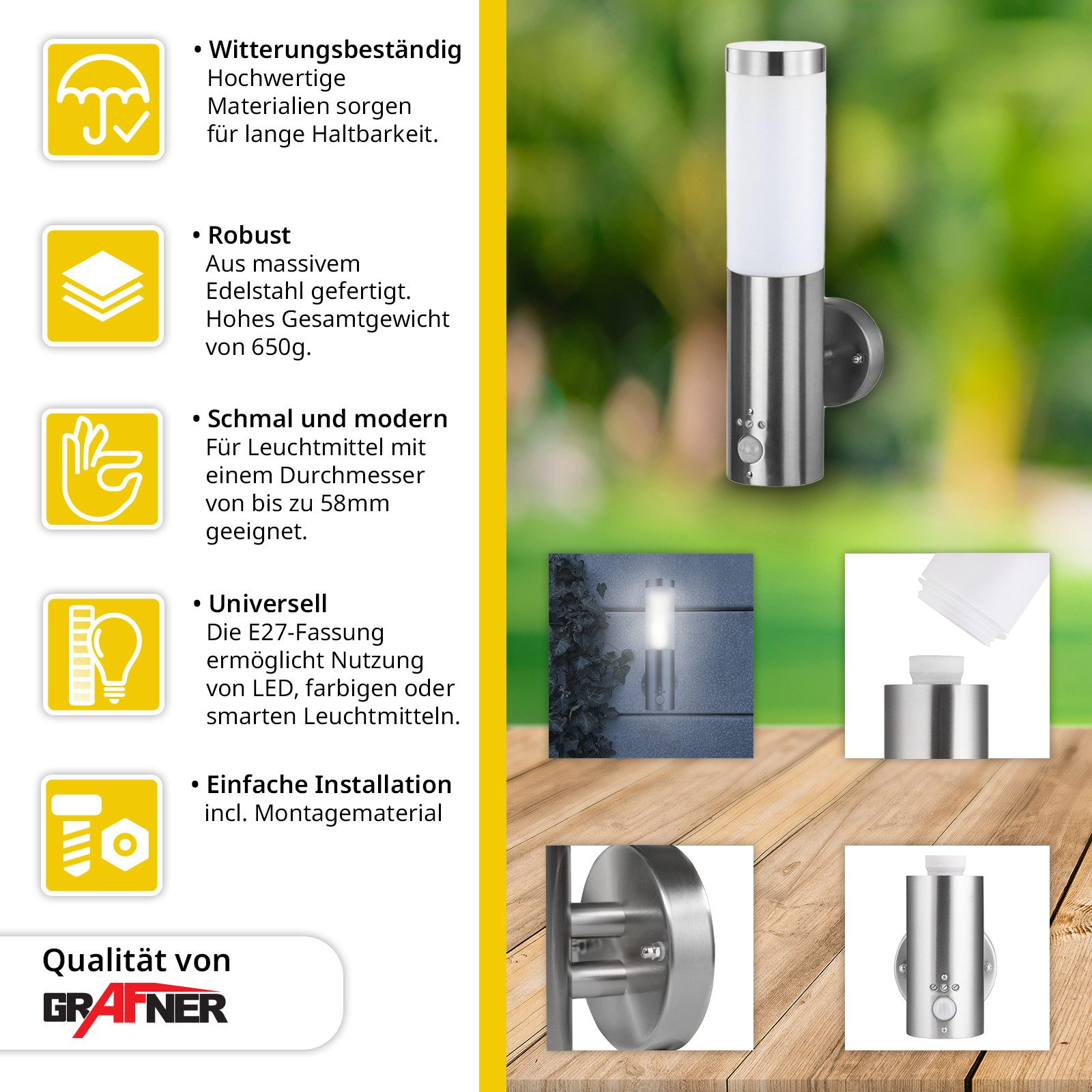 Grafner Außen-Wandleuchte Wandlampe mit Bewegungsmelder Edelstahl 10WBPIR, günstig online kaufen