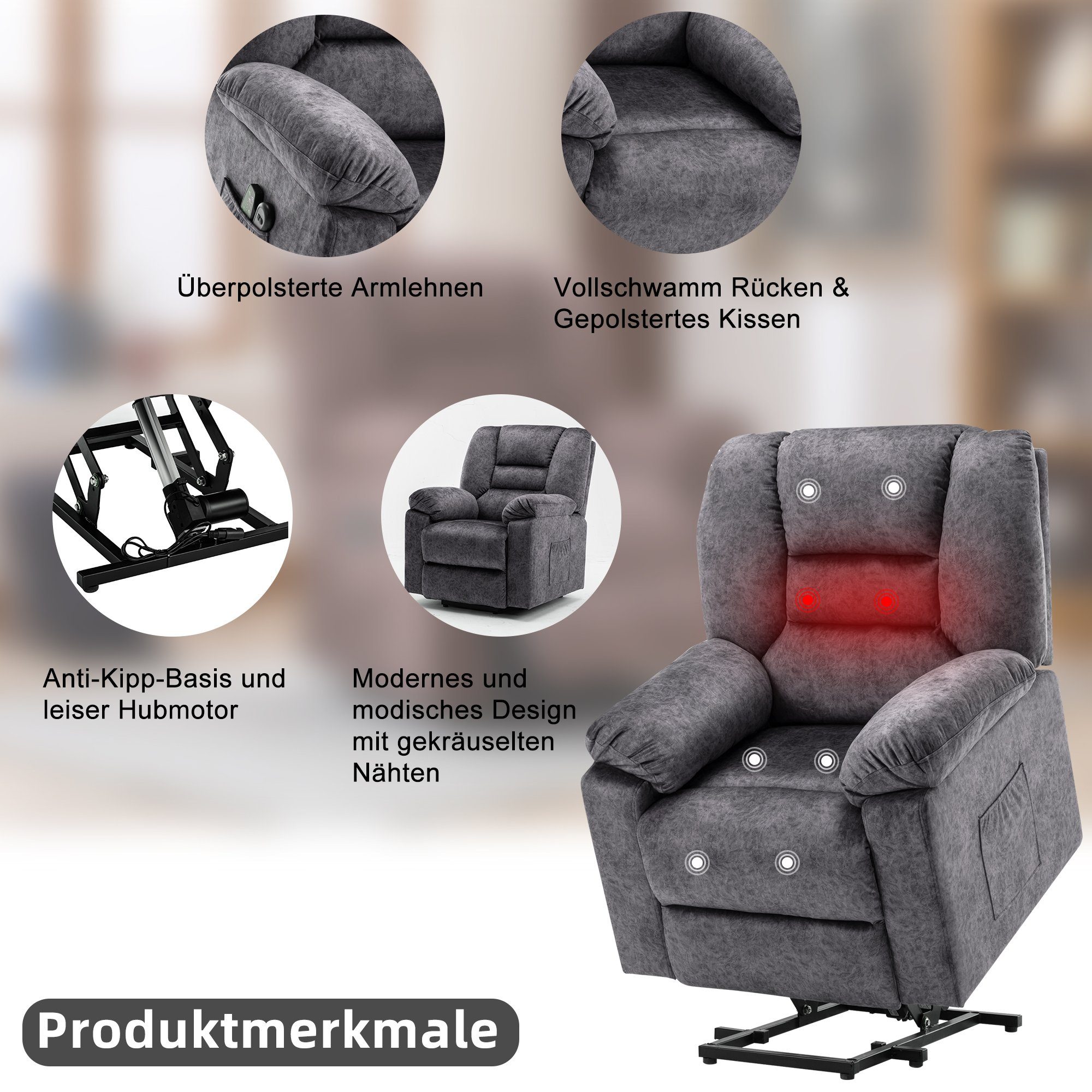 TV-Sessel (Fernsehsessel mit Aufstehhilfe, Schlafsessel, Relaxsessel, Massagesessel, Liegefunktion, Wärmefunktion und Vibrationsmassage), bis zu 150 kg belastbar, Stoff, Braun / Grau