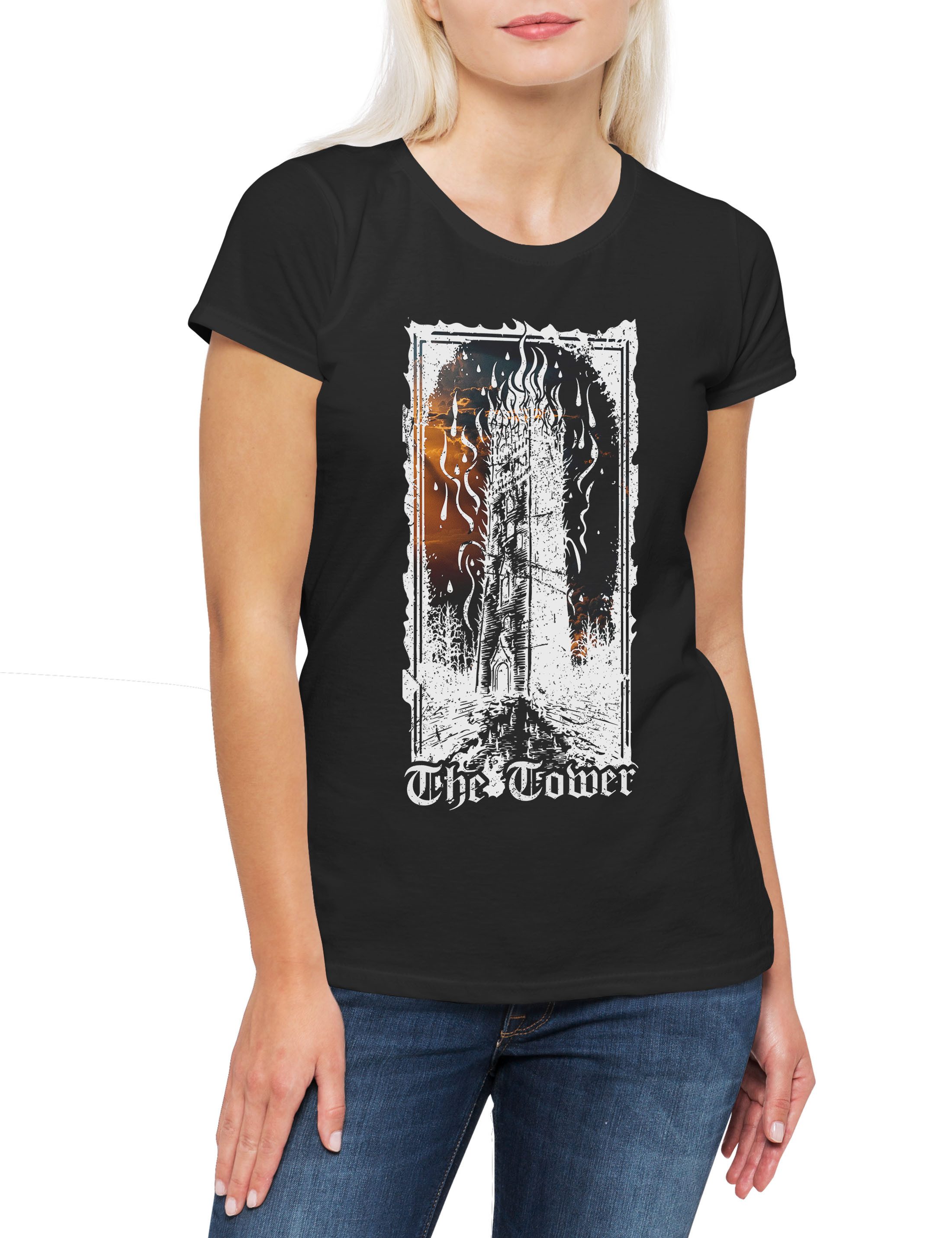 Print-Shirt Tarot B The Tower Damen T-Shirt Set Card Karte Deck Arcana Voodoo