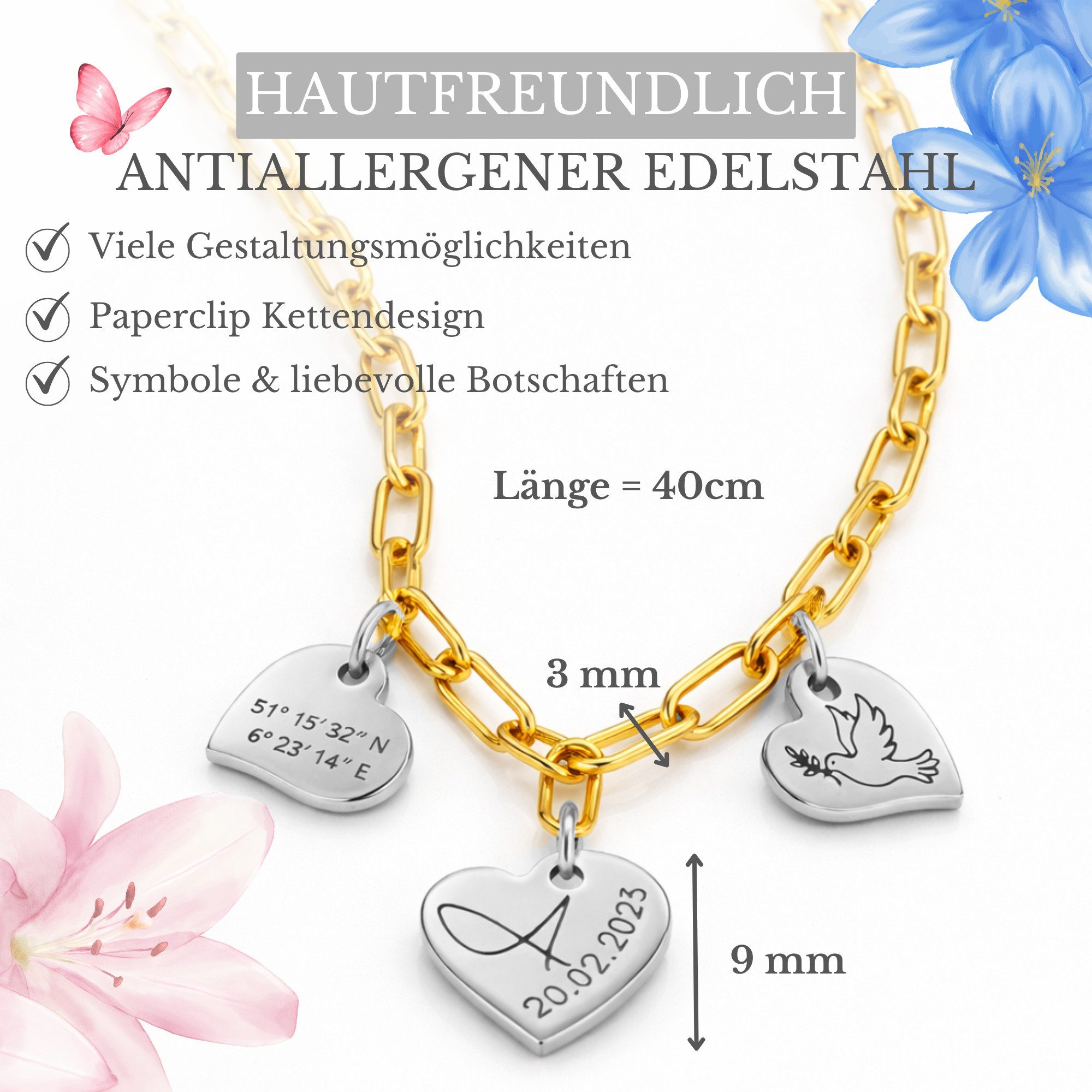 BS Schmuckdesign Kette mit Anhänger mit Gravur Personalisierte Halskette Damen Herzkette Gravur persönliches Geschenk (inkl. Gravur), personalisiert inkl. Geschenkbox