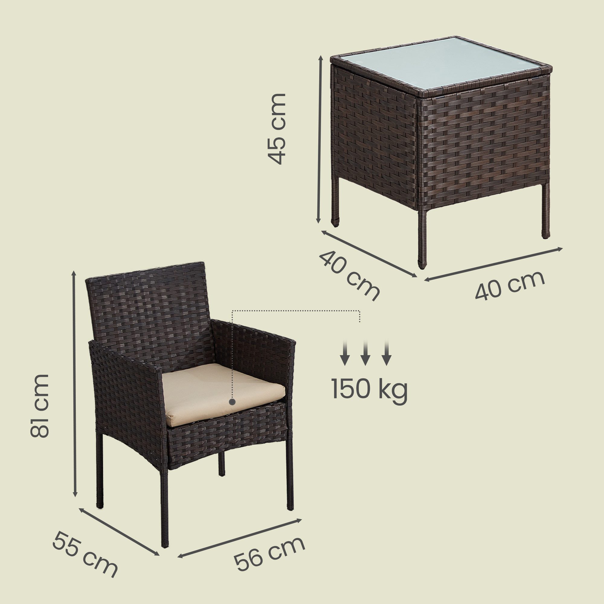 SONGMICS Gartenlounge-Set Balkonmöbel, Tisch und 2 Stühle, für Terrasse, Balkon, Garten, (3-tlg., 2 Gartenstuhl, 1 Gartentisch, mit Kissen), Gartenmöbel-Set, aus PE-Polyrattan, Terrassenmöbel, braun-taupe