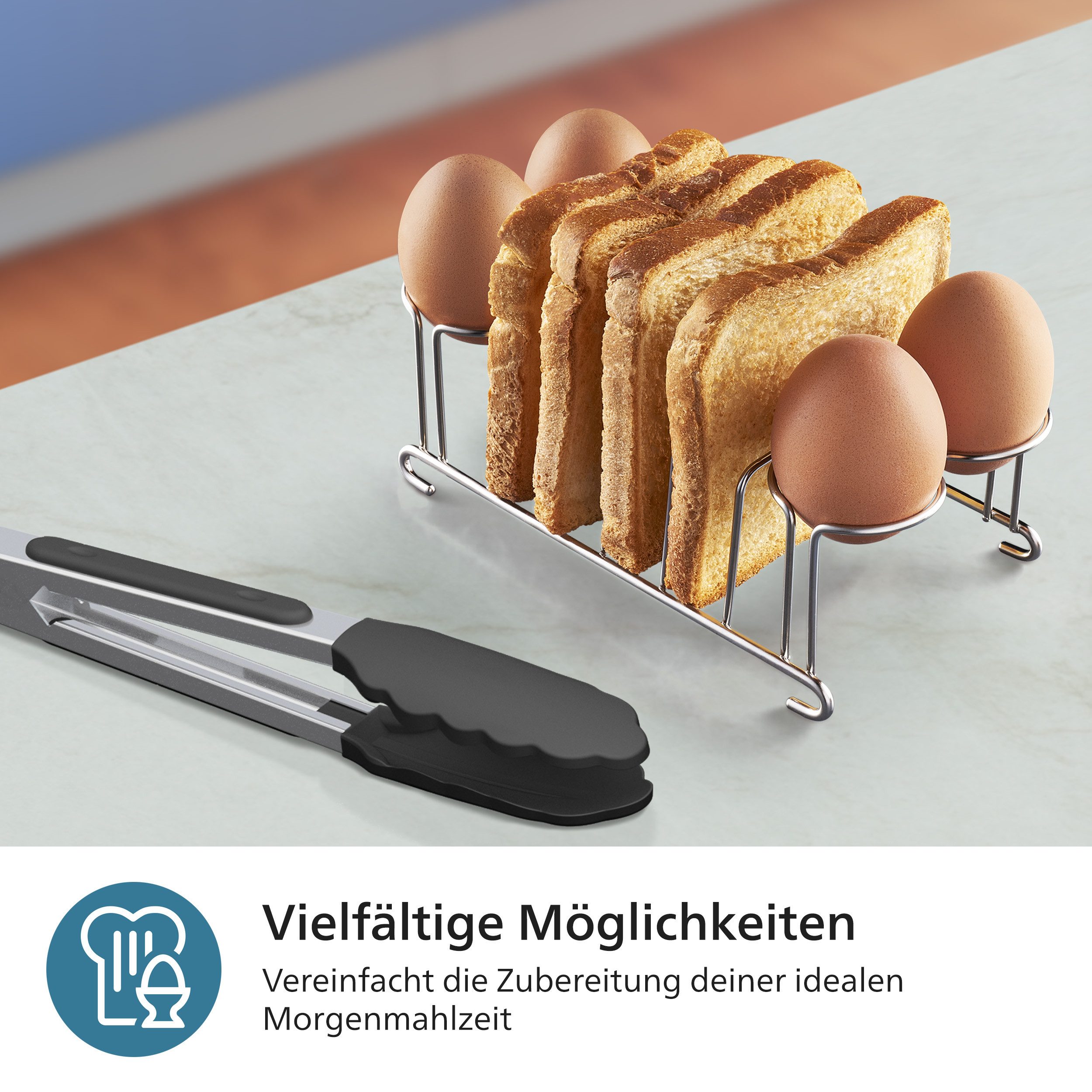 Philips Airfryer-Toasthalter für Airfryer 6,2L, 8,3L, 9L, NA231/332/352/353/552/555/HD9285, Edelstahl, (2-St., Toastständer + Eierhalter u. Zange im Lieferumfang), Frühstücksset mit HomeID App, spülmaschinenfest