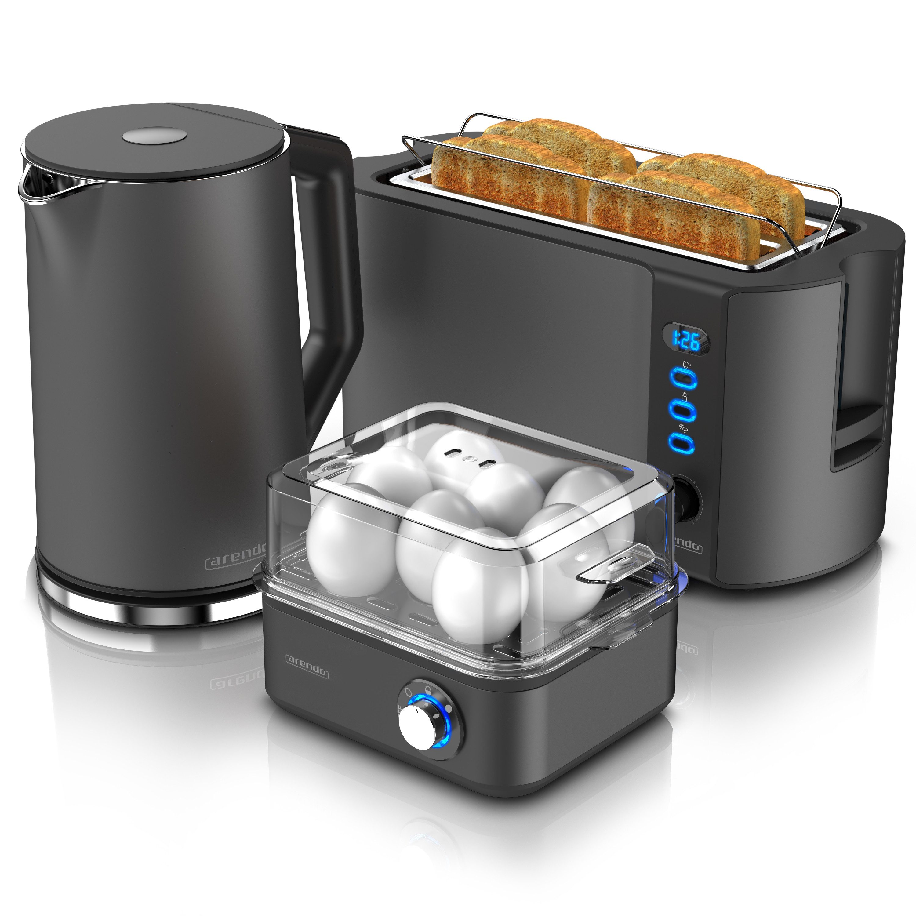 Arendo Frühstücks-Set Wasserkocher 1,5l, 4-Scheiben Toaster, 8er Eierkocher, Cool Grey (3-tlg), Wasserkocher 40-100°C, Toaster: LED-Display, Eierkocher: 1-8 Eier