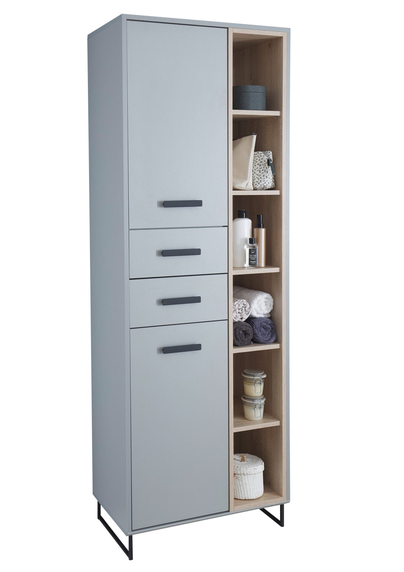BEGA BBK Hochschrank 2 Türen, 2 Schübe, grau matt / sonoma eiche - 65x185x38cm (BxHxT)