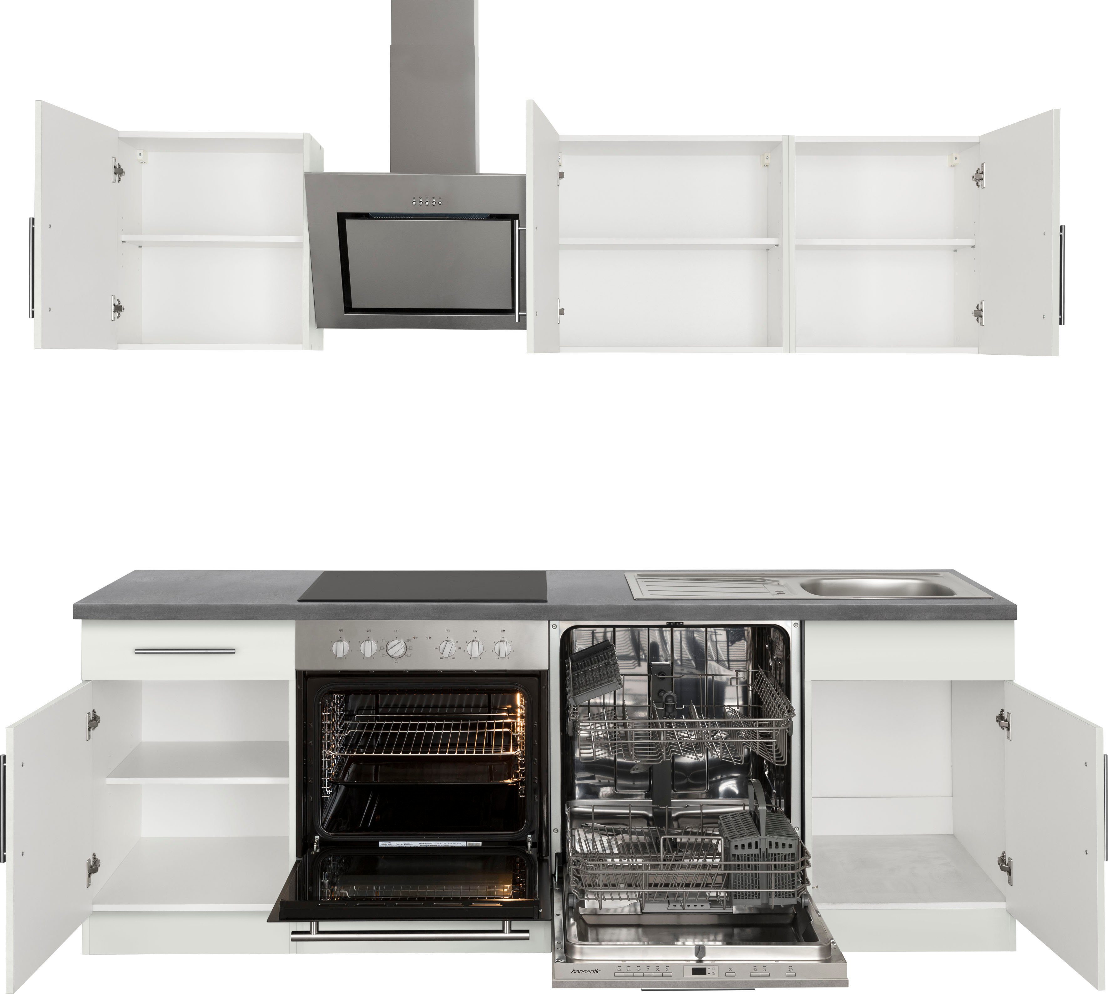 matt grau 220 Arbeitsplatte Weiß Front: weiß Küchenzeile Hanseatic Küchen E-Geräten, wiho Cali, mit | E-Geräten cm Beton Breite mit Glanz,
