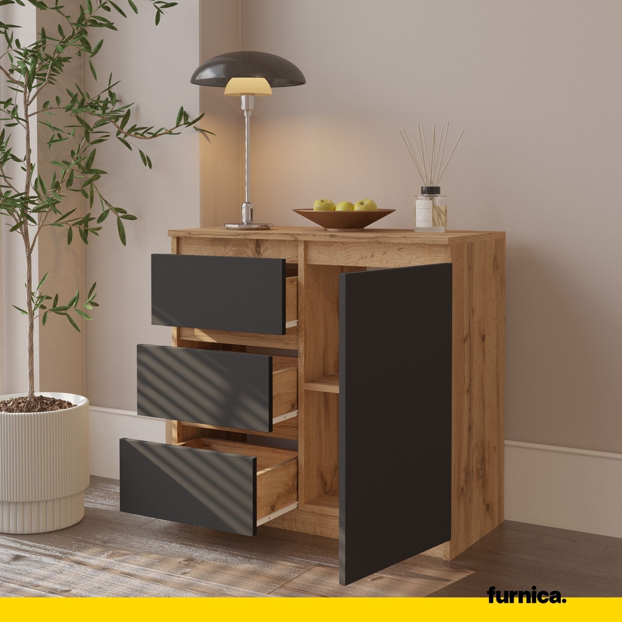 Furnica Kommode MIKEL, 3 Schubladen und 1 Tür - Votan Eiche H75cm B80cm T35cm (1 St)