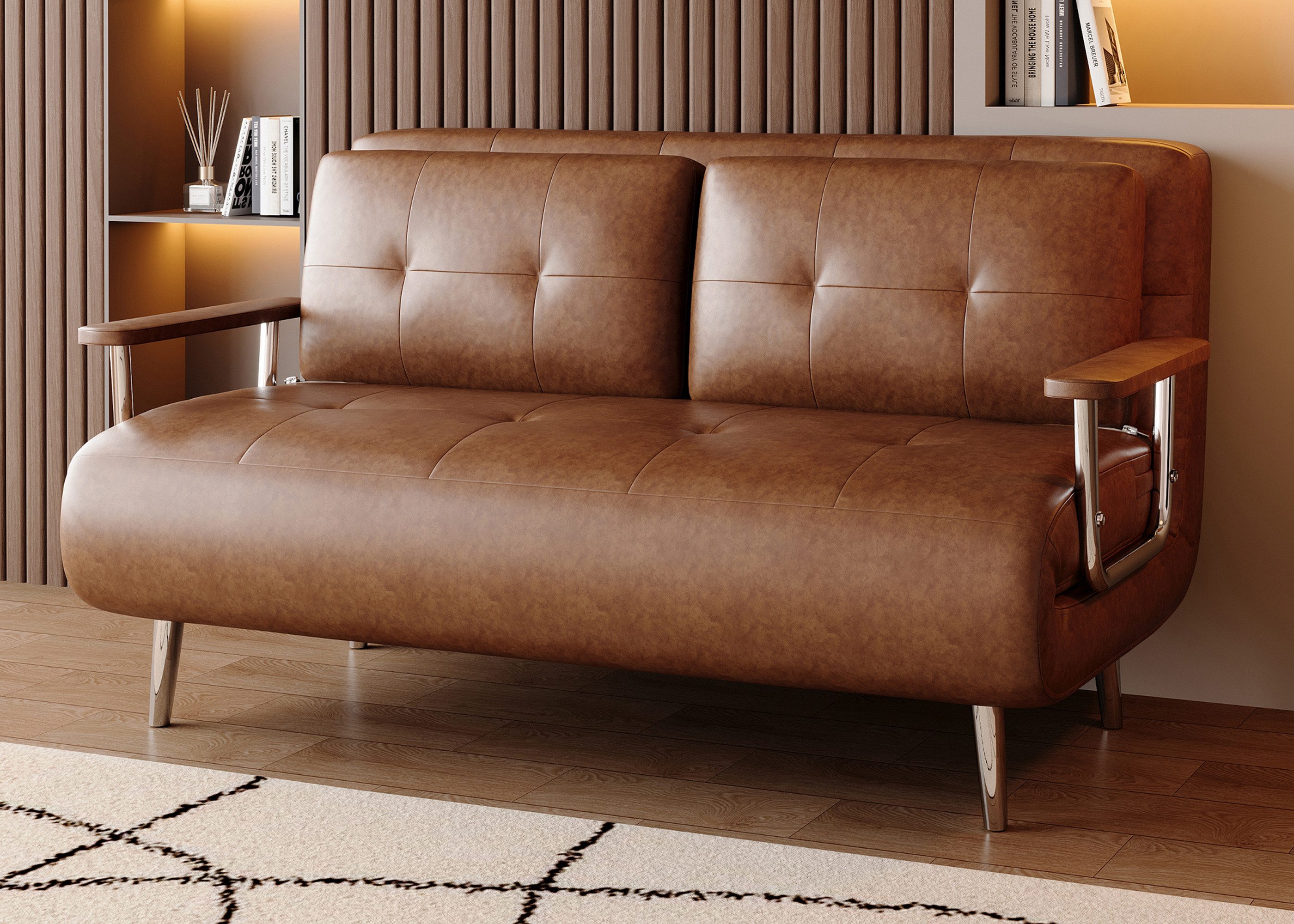 oleyluckidea Schlafsofa Schlafsofa Lederoptik, 2-Sitzer mit Schlaffunktion, braun, Set, Zum Bett umwandelbar