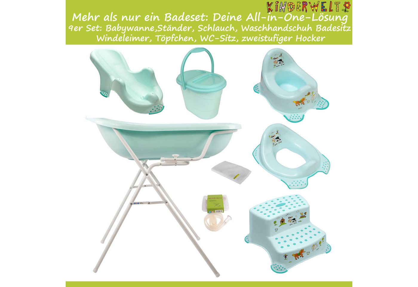 Thumbnail - KiNDERWELT Babybadewanne 9er Set Premium Funny Farm aquamarin, (9-tlg)