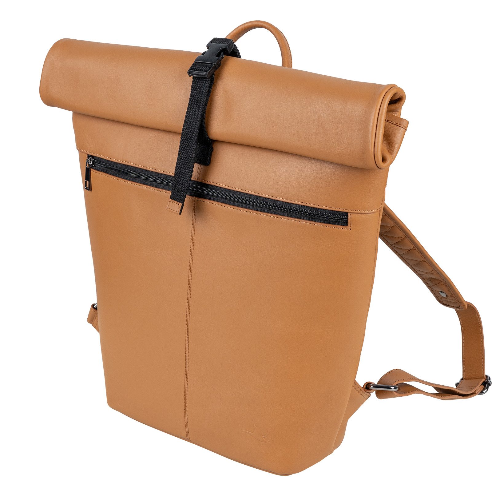 MANTA Laptoprucksack Echtleder Rolltop Backpack, Kurierrucksack, mit 16-Zoll Laptopfach, Echtes Leder