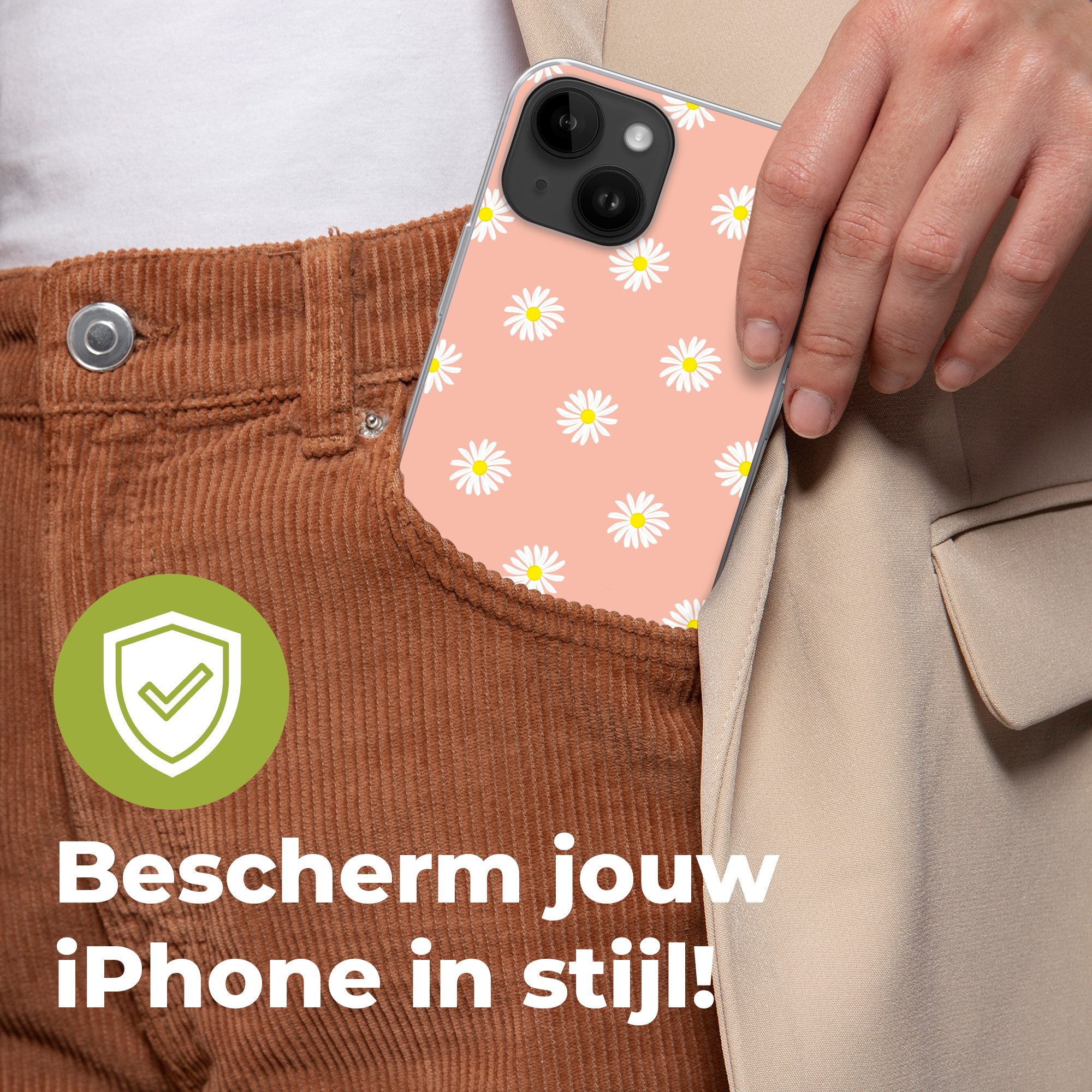 MuchoWow Handyhülle für Apple iPhone 14 Gänseblümchen - Pastell - Weiß - Rosa - Blumendruc, Smartphone-Bumper, Print, Handy Schutzhülle Dünn
