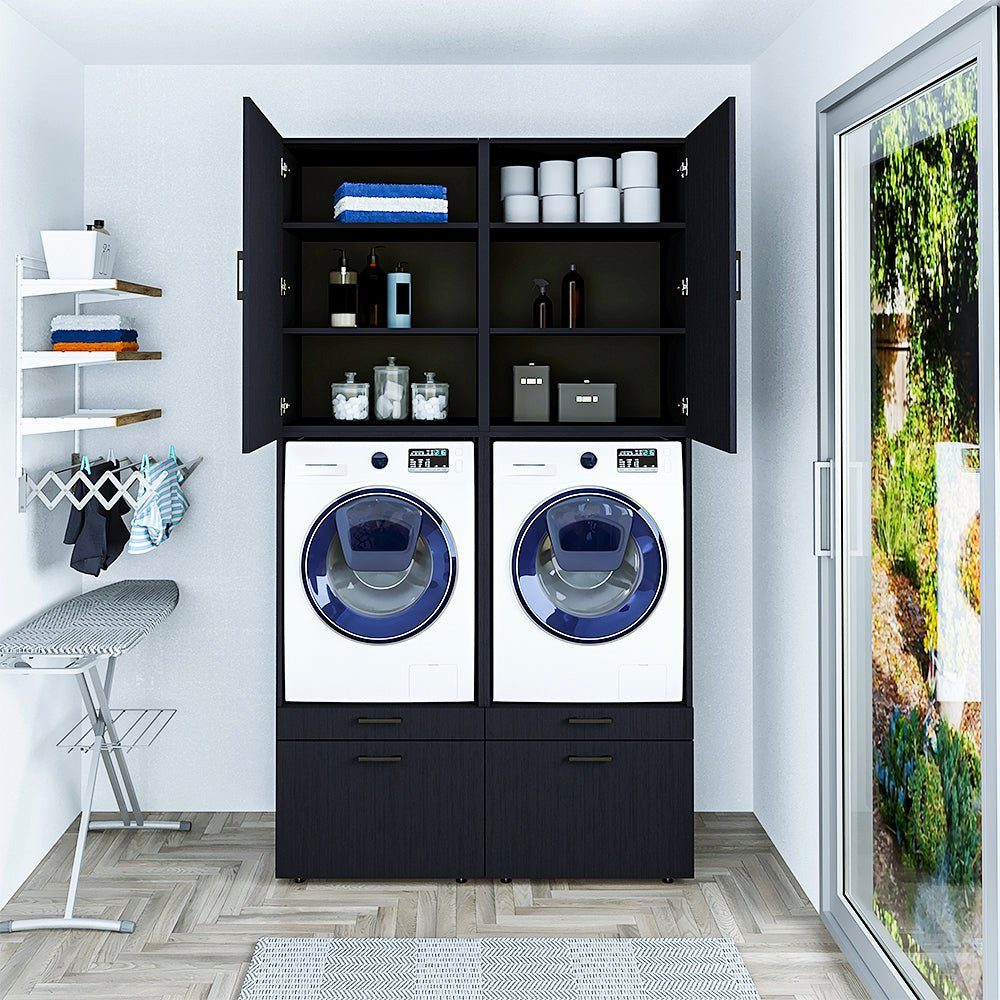 Roomart Waschmaschinenumbauschrank (Waschmaschinenschrank mit schwarz Schrankaufsätzen | Überbauschrank) Waschturm Schwarz eiche