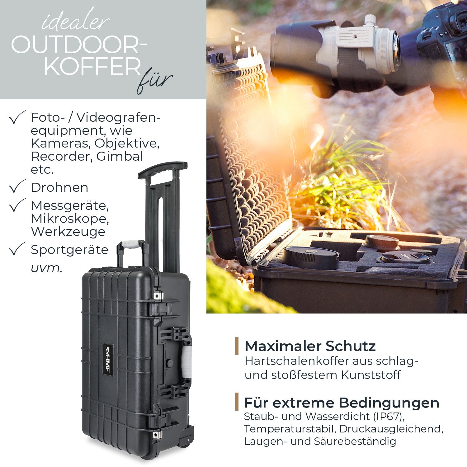 HMF Kameratasche Outdoor-Trolley, ODK400, Fotokoffer, Kamerakoffer, Rasterschaumstoff, 56 x 34,5 x 23 cm, Schwarz
