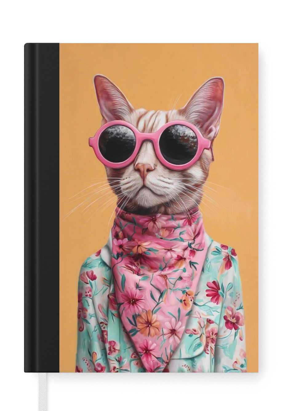 MuchoWow Notizbuch Sonnenbrille - Katze - Halstuch - Blumen, Notebook, Notizblock a5, Tagebuch, Journal Liniert