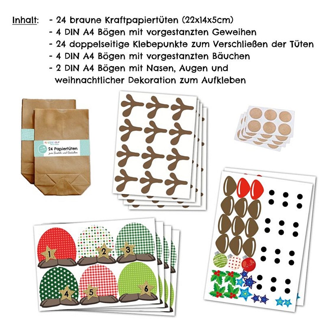 PAPIERDRACHEN befüllbarer Adventskalender Set RENTIERE mit Papiertüten, Zahlenaufklebern, Bäuche/Augen etc., 4 verschiedene Farb-Varianten