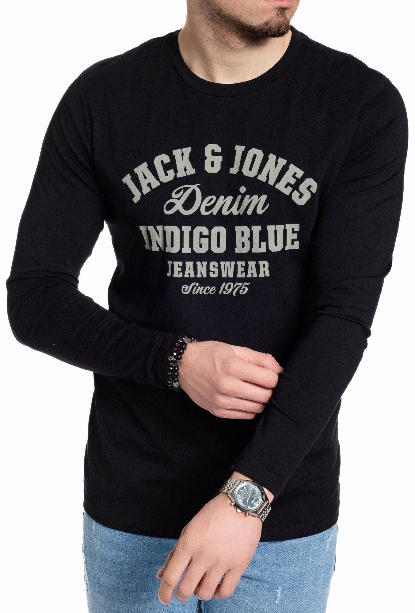 Jack Baumwolle, Langarmshirt vorne aus & Print mit Jones BlackOPT4-Grey