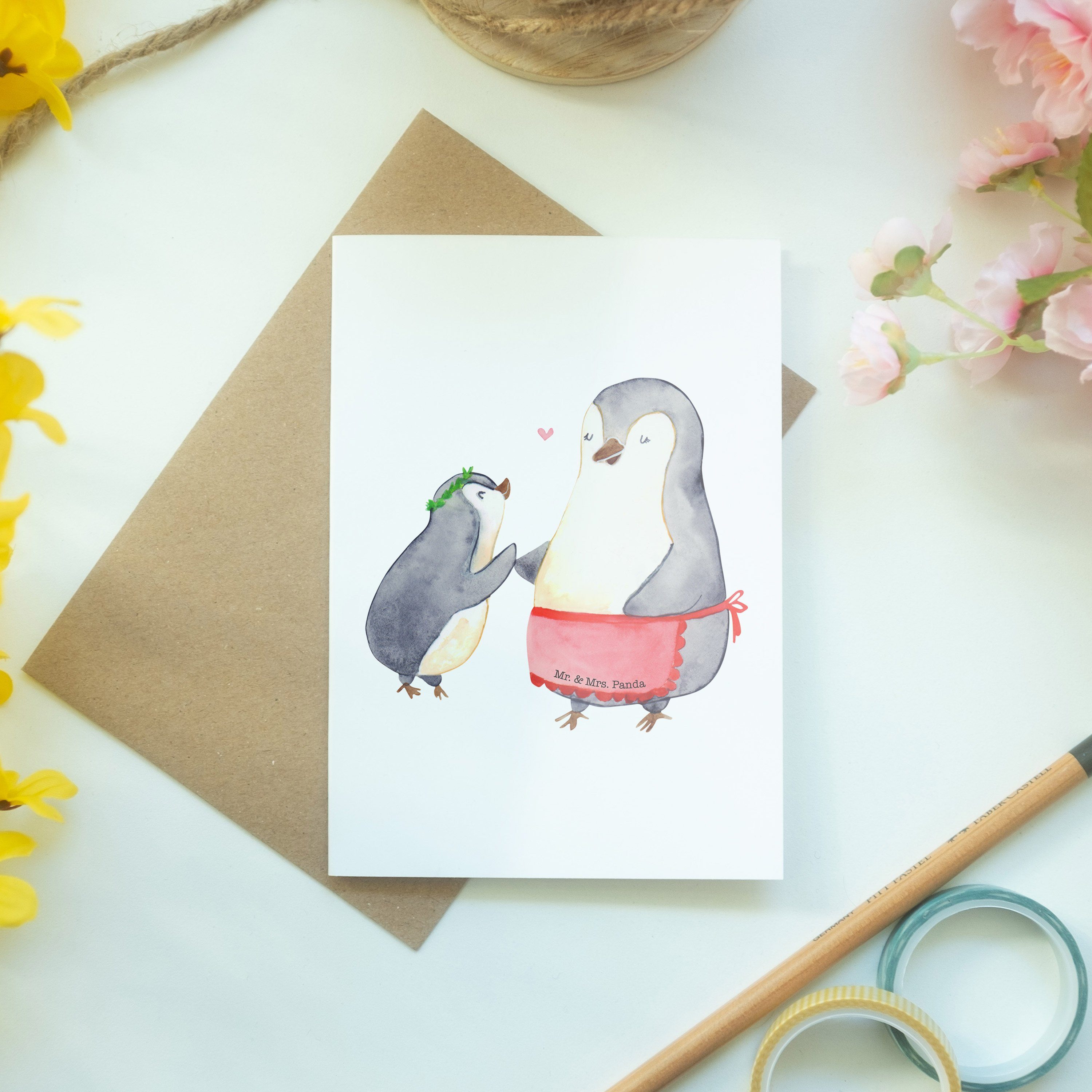 Mrs. Weiß Geburtstagskarte, Grußkarte Familie, Pinguin Mr. - Kind mit - Geschenk, & Hochze Panda