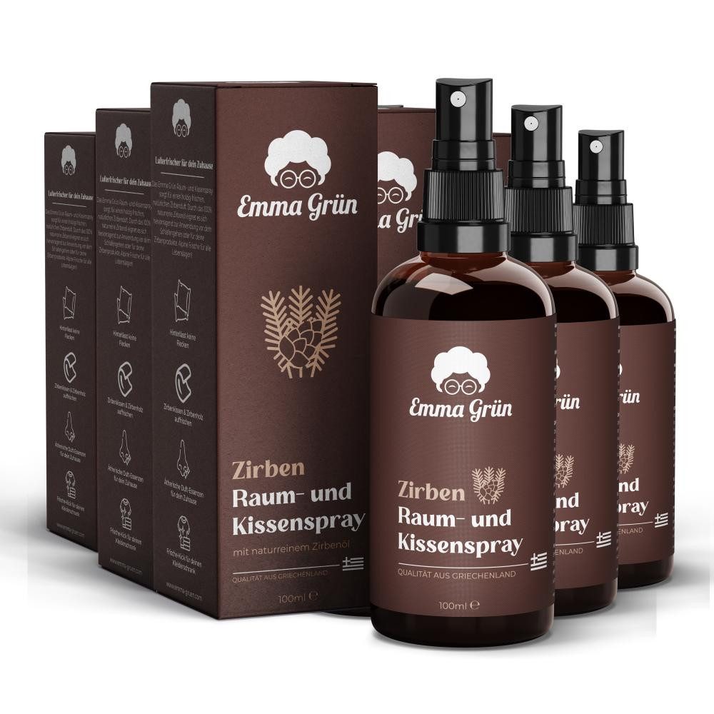 Emma Grün Duftöl Zirbe, Raum- & Kissenspray 100ml, natürlicher Duft (Set, Je nach Auswahl: 1x, 2x oder 5x Raumspray Zirbe 100 ml), Höchste Wildwuchs-Qualität, natürlicher Duft ohne Zusätze