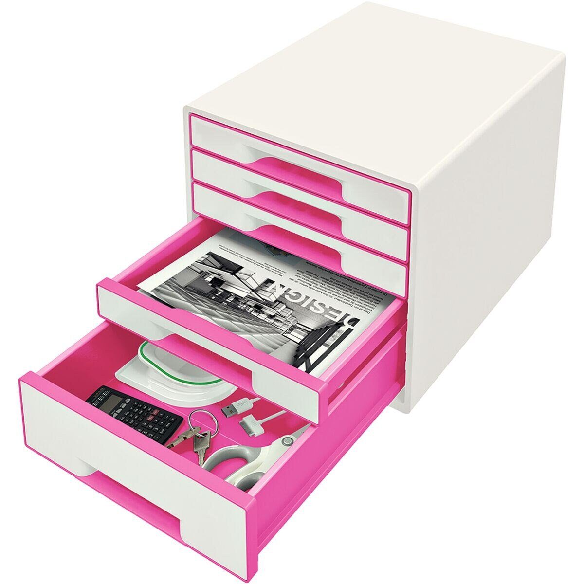 5214, Schubladenbox LEITZ stapelbar Cube WOW 5 geschlossen, Schubladen, pink metallic mit