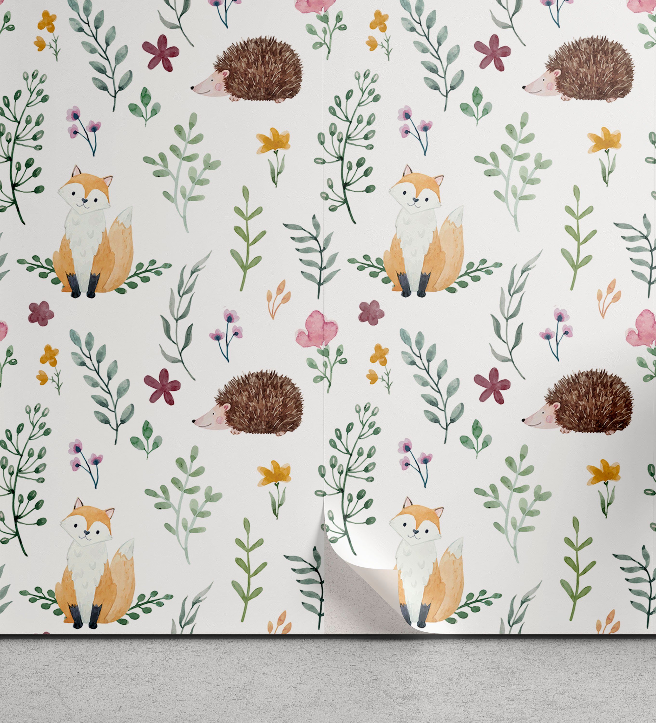 Abakuhaus Vinyltapete selbstklebendes Wohnzimmer Küchenakzent, Wald Rural Wildlife Zusammensetzung | Vinyltapeten