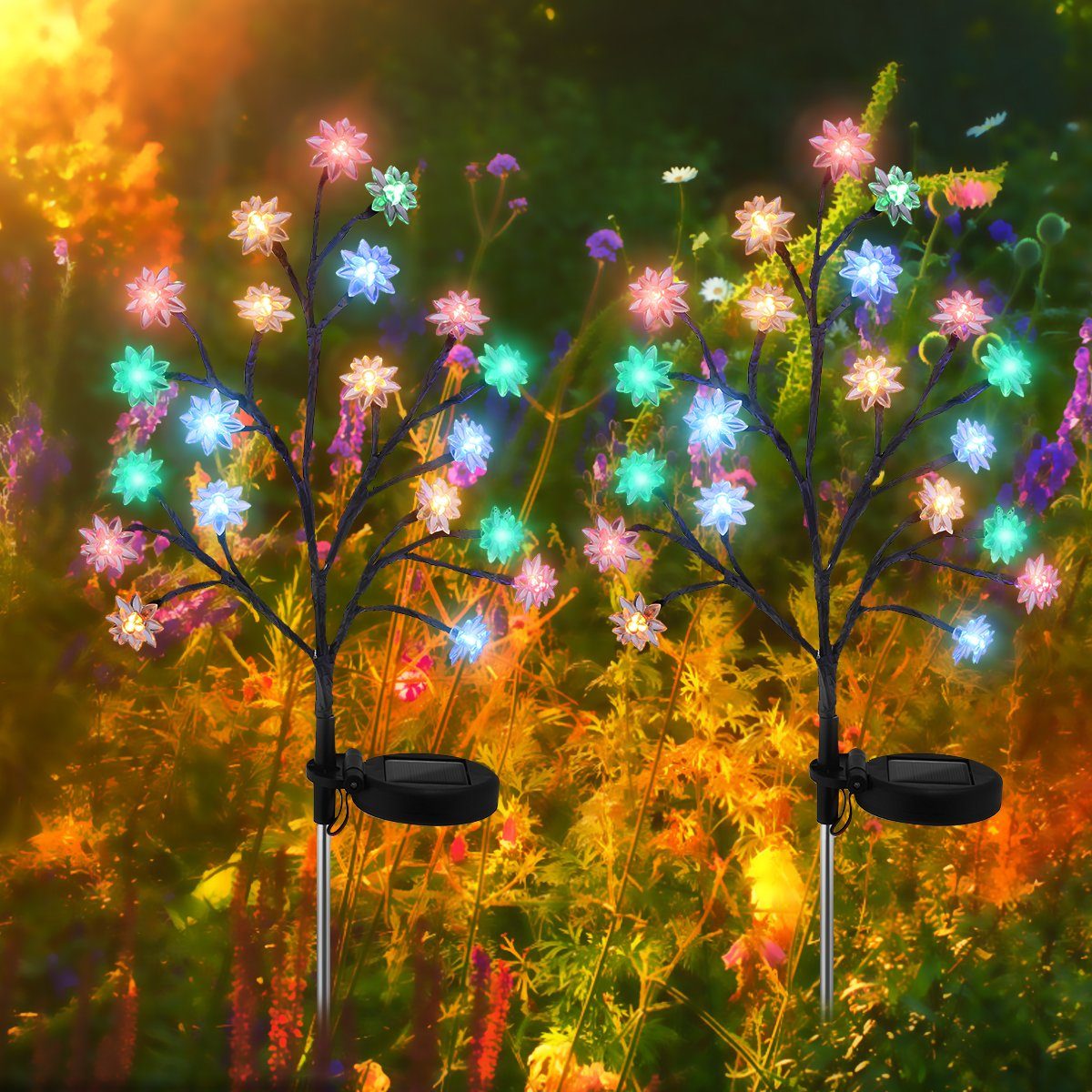 Lotusblumen Lichter Gartenstecker beleuchtet, LED bunt LED Solar Traum Solarleuchte LED Blüten fest integriert, 2x LETGOSPT