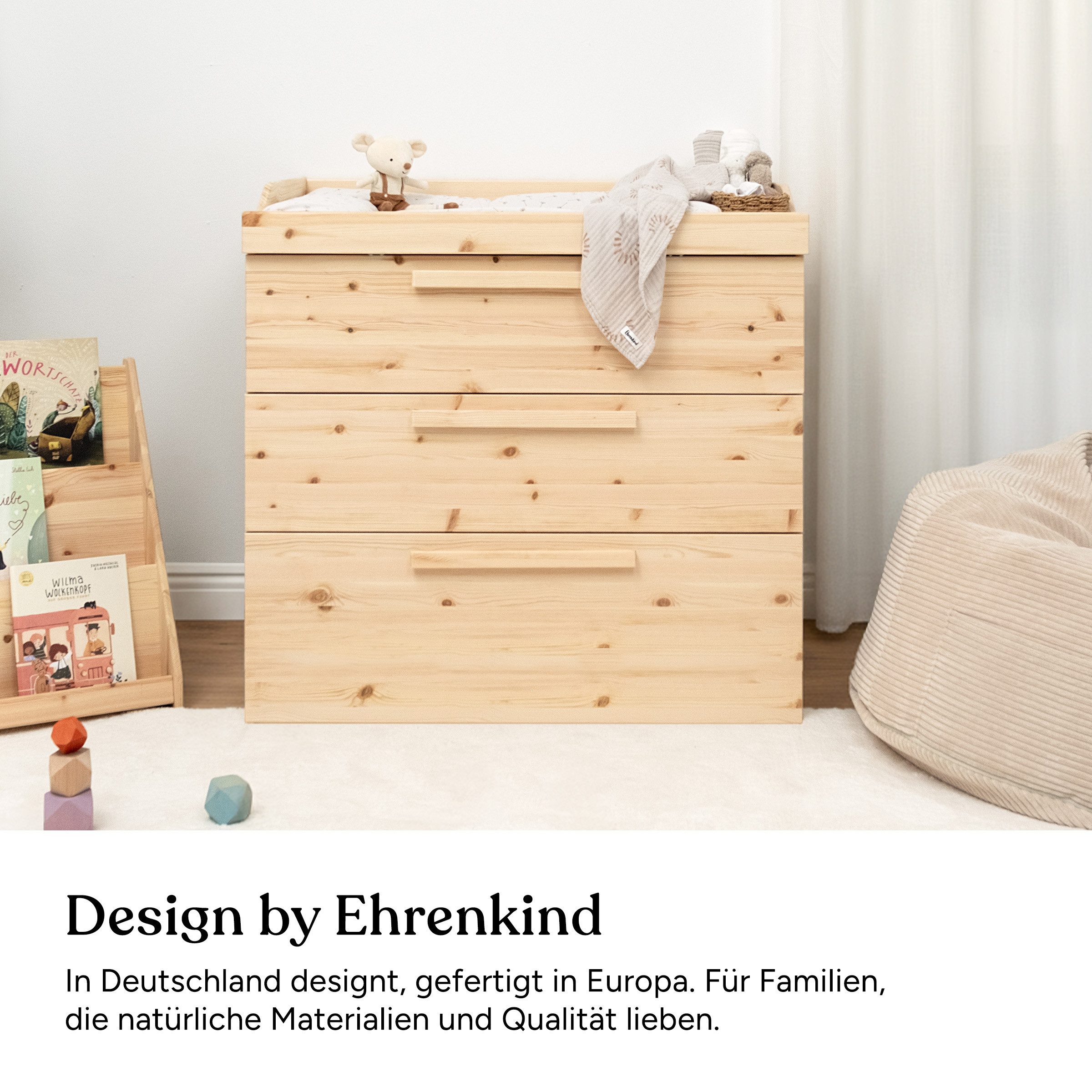 Ehrenkind Wickelkommode Linia mit abnehmbarem Wickelaufsatz aus Kiefer, 2 Schubladen + Rollschublade + Regal, made in Europe