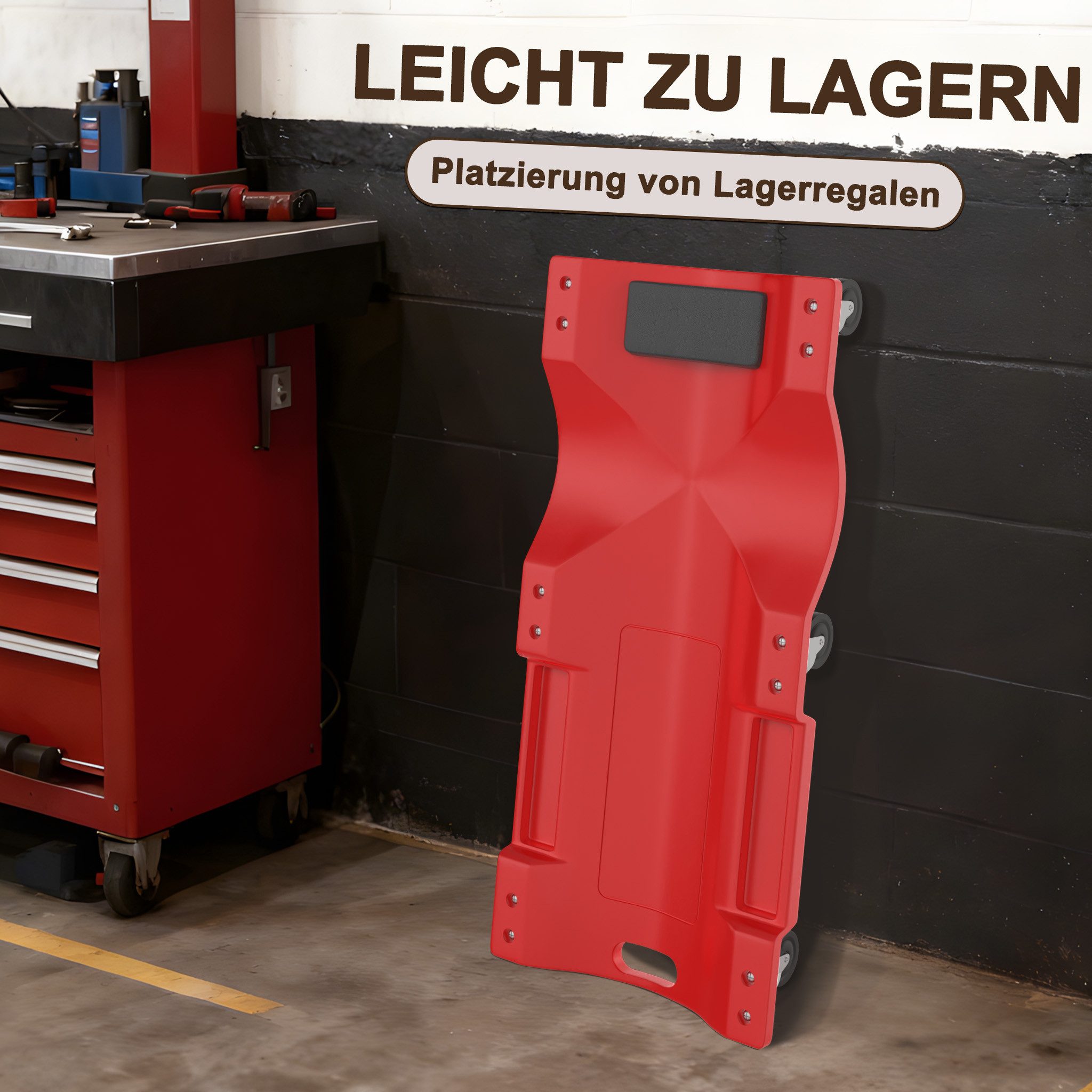 FIVMEN Rollbrett Werkstatt Montagerollbrett mit 6 kugelgelagerten 360° Rolle, (Packung), Werkstattliege Montageliege mit Kopfstütze und 2 Ablagefächern