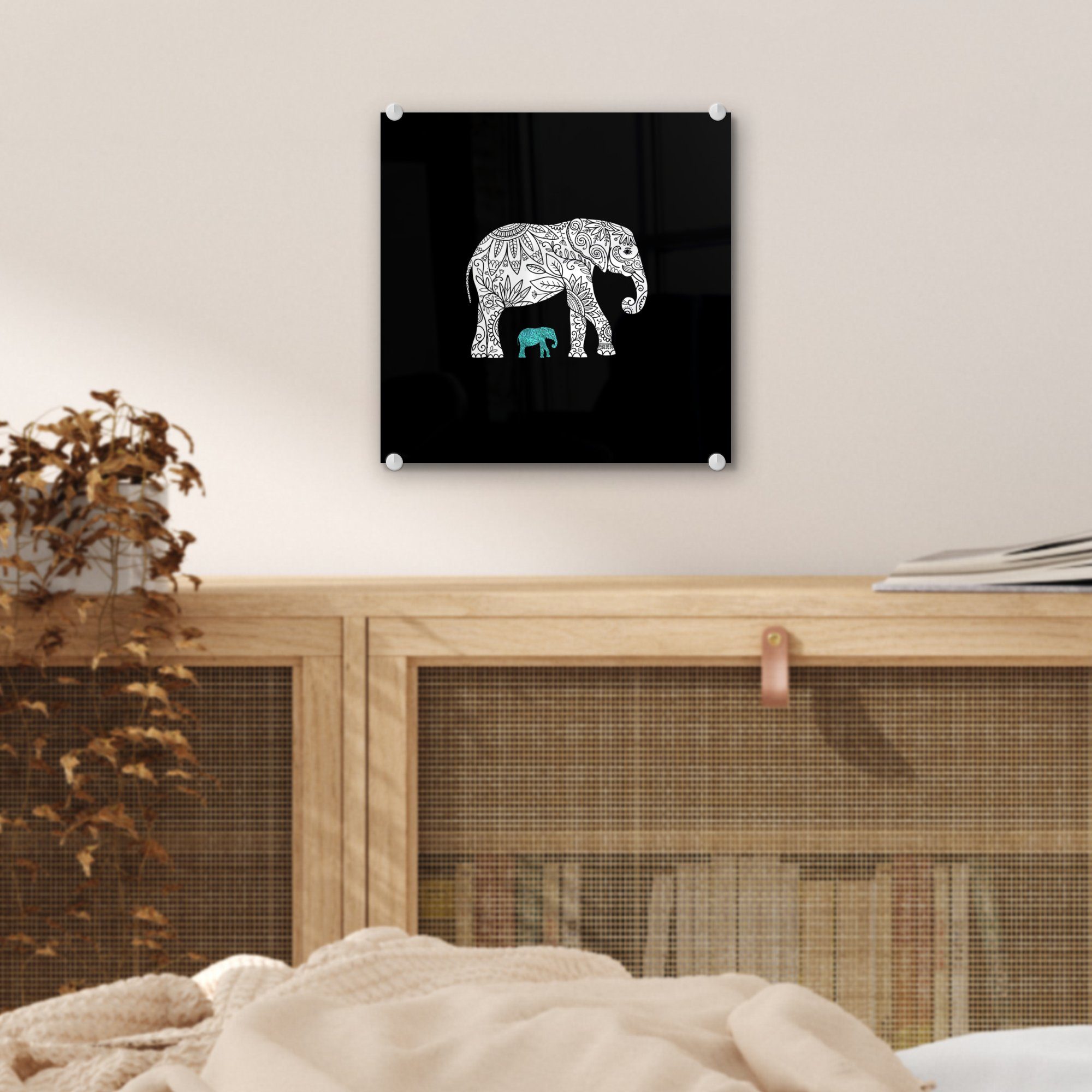 Wandbild - Muster - Elefant auf Blau St), Bilder - Foto Weiß, - - auf Glas - (1 Wanddekoration Acrylglasbild Glasbilder MuchoWow Glas