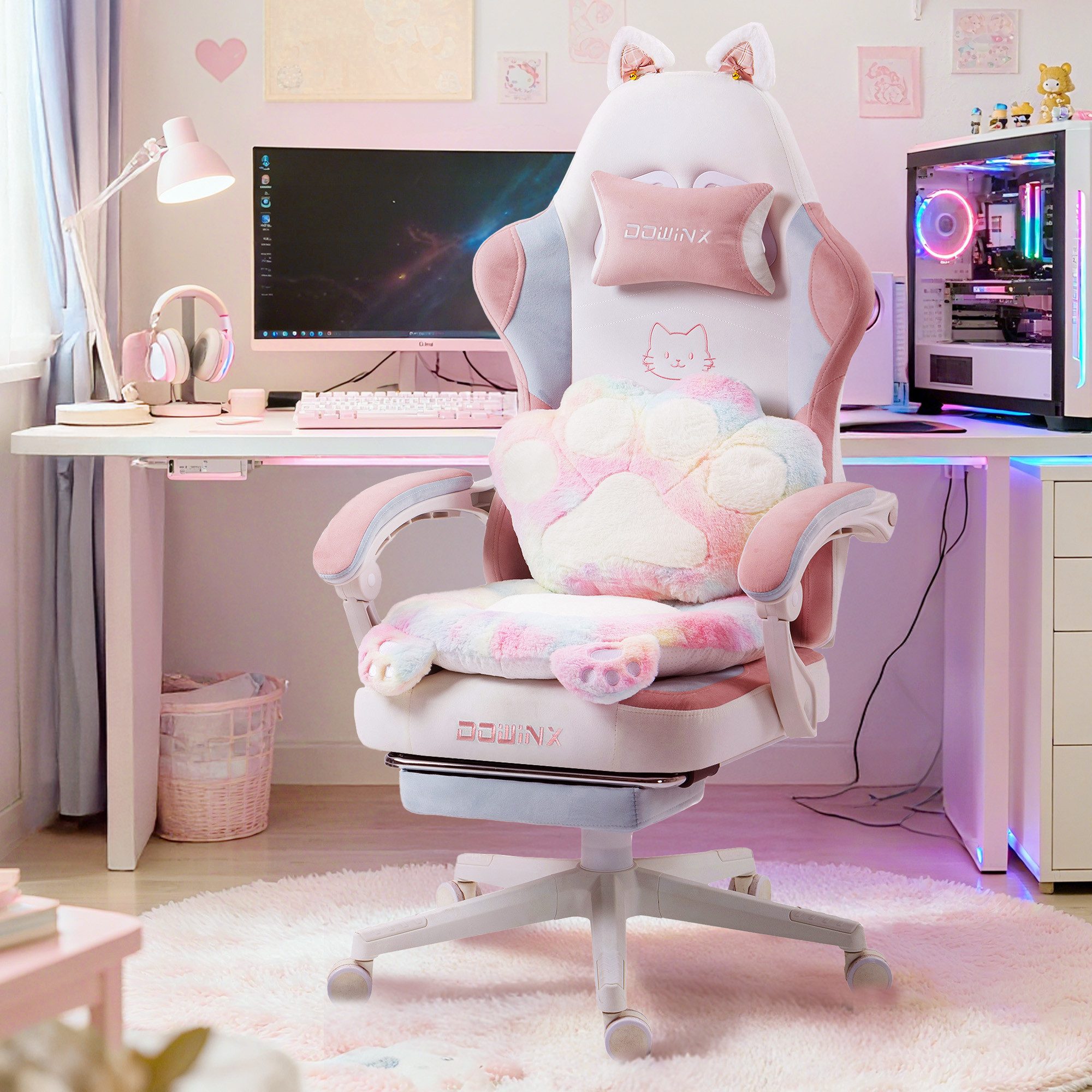 Dowinx Gaming-Stuhl Niedlich mit Katzenohren, Pfoten-Lendenkissen und Sitzkissen, (Packung), Ergonomischer Computerstuhl mit Fußstütze, PC-Spiele-Stuhl für Mädchen