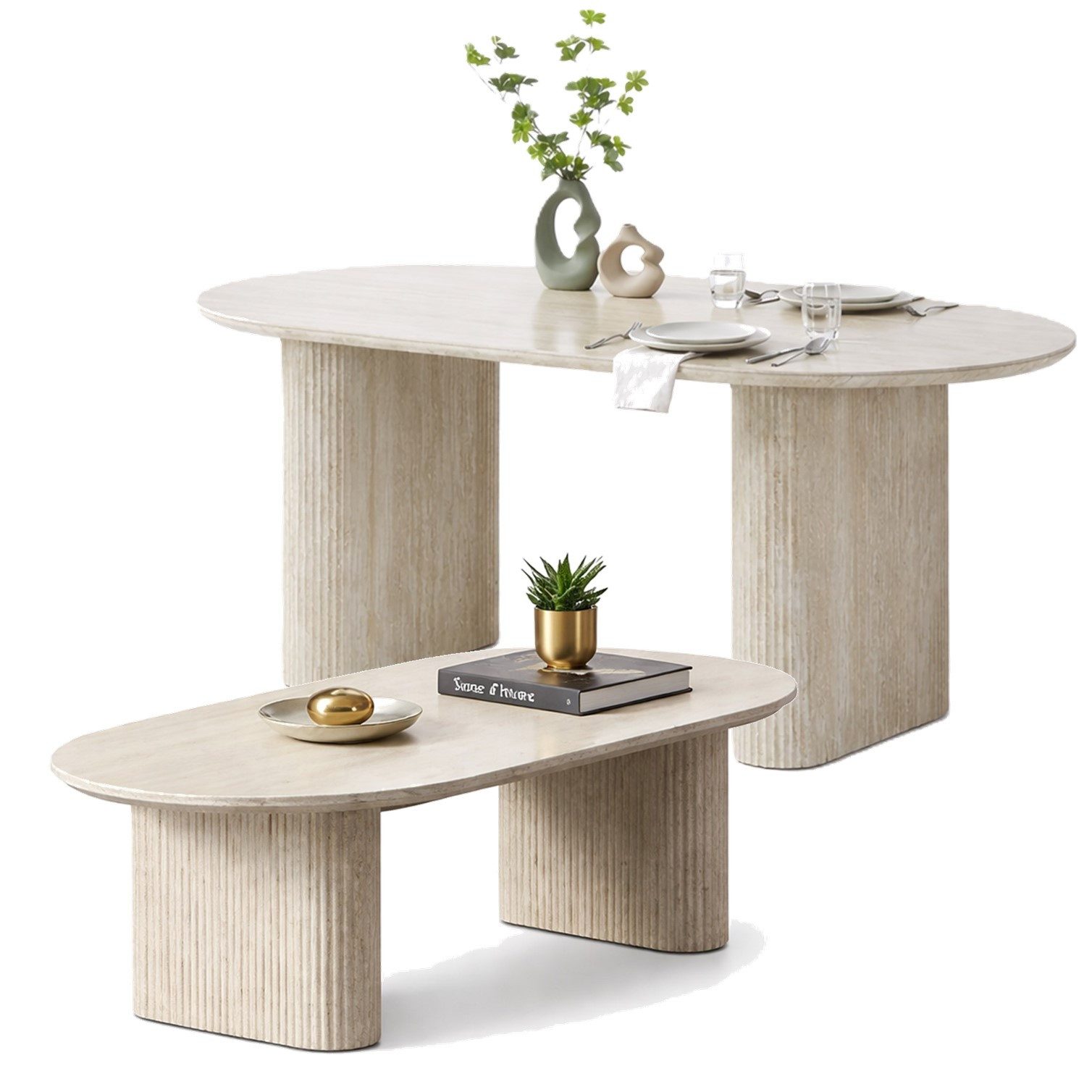 HOOZ Wohnzimmertisch Couchtisch & Esstisch oval Keramik Traventin-Optik 130x70cm/180x90cm (Set, 1× Esstisch, 1× Couchtisch), Keramik-Tischplatte, verschiedene Varianten, pflegeleicht & stabil
