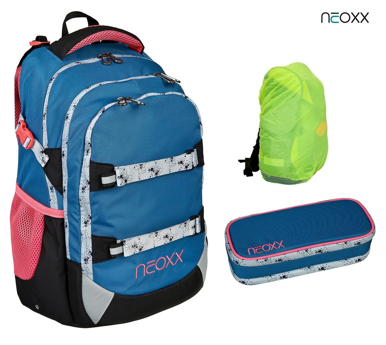 neoxx Schulrucksack Schulrucksack Active & Schlamperbox im Set (Set, 3-tlg., Inkl. Catch (Schlamper) und Regenhülle), für Mädchen 5. bis 12. Klasse