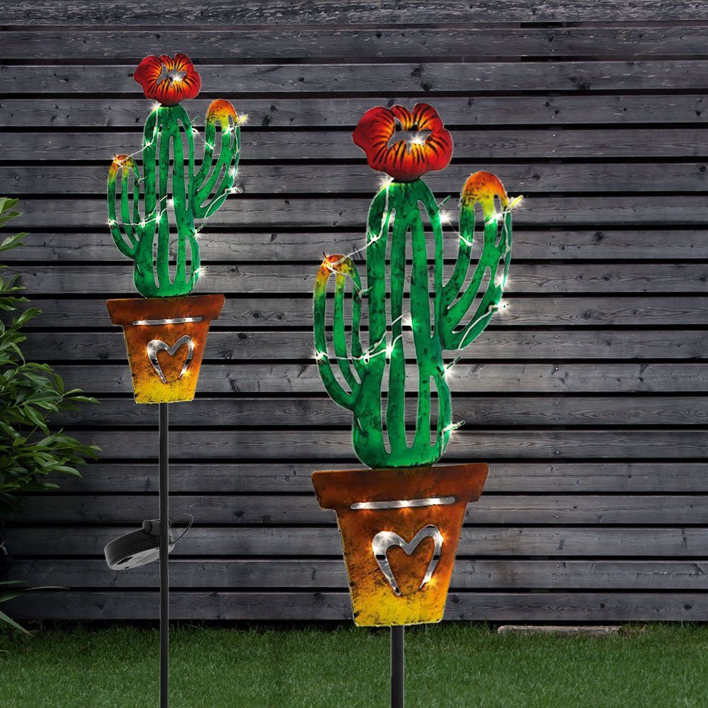 etc-shop LED Solarleuchte, Solar 2er Steck Leuchte Kaktus Garten Warmweiß, Design Set fest verbaut, LED-Leuchtmittel LED Außen