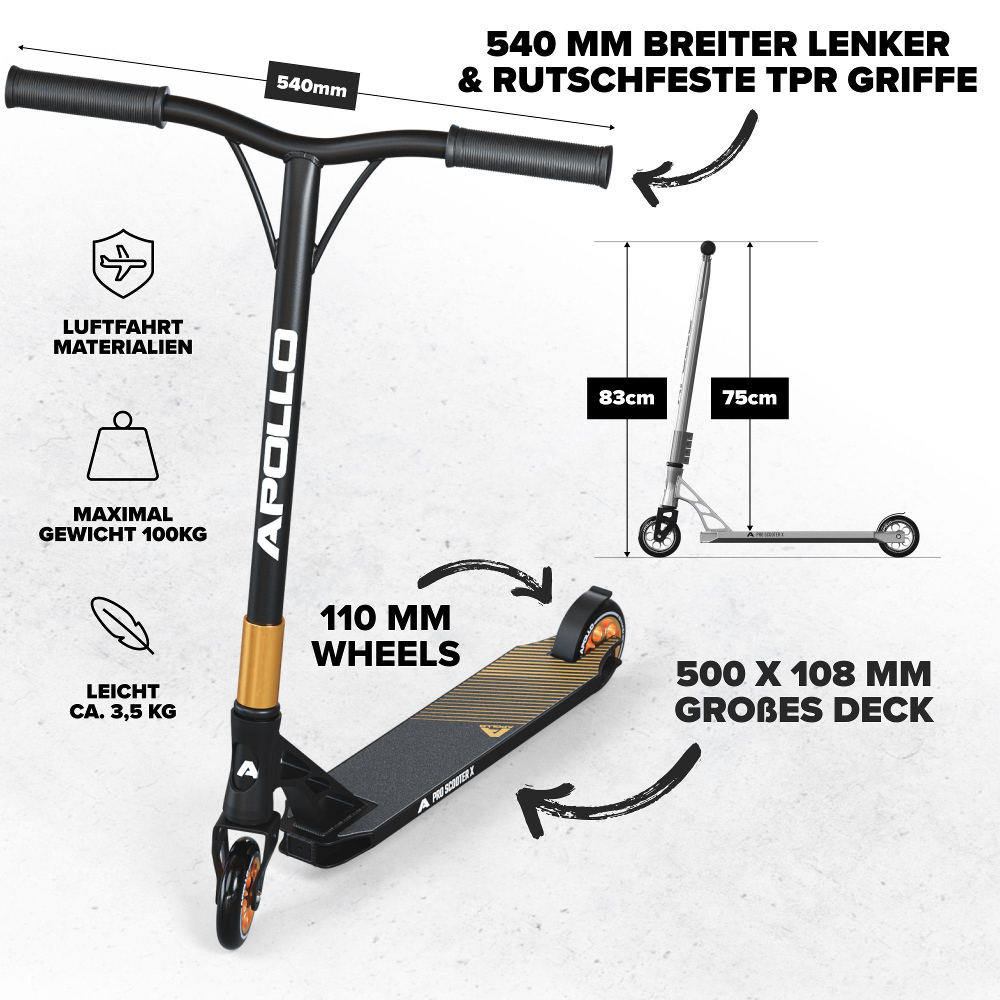 Apollo Stuntscooter Stunt Scooter Genesis X Pro - High End Stuntscooter, Profi Trick Roller mit 120mm Alu Core Wheels Kickscooter
