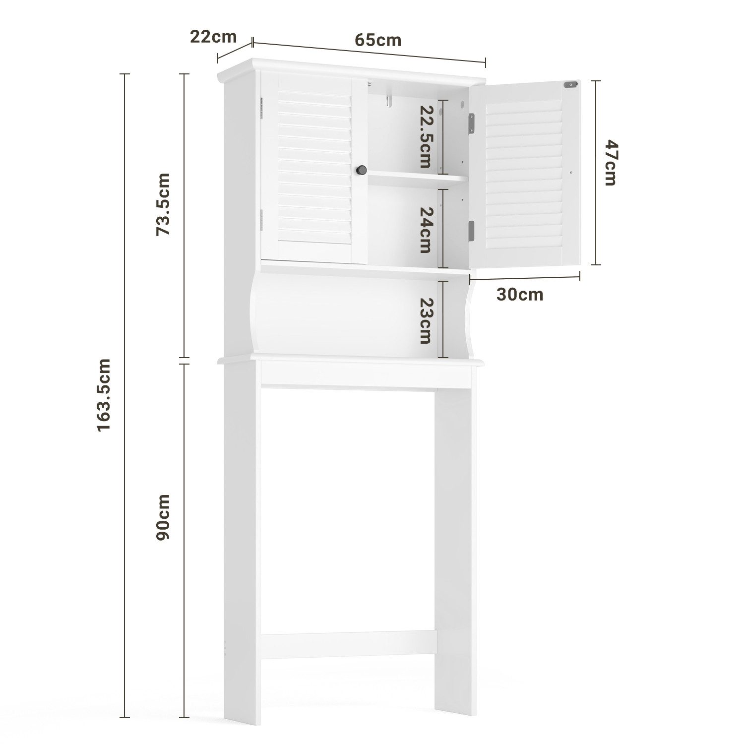 Bealife Badkommode Hochschrank Badschrank mit 3 offenen Fächern, 1 Schubladen, Weiß (mit Türen, 65 x 22 x 163.5 cm, für Waschmaschine und Wäschetrockner) – Bild 5 von 5
