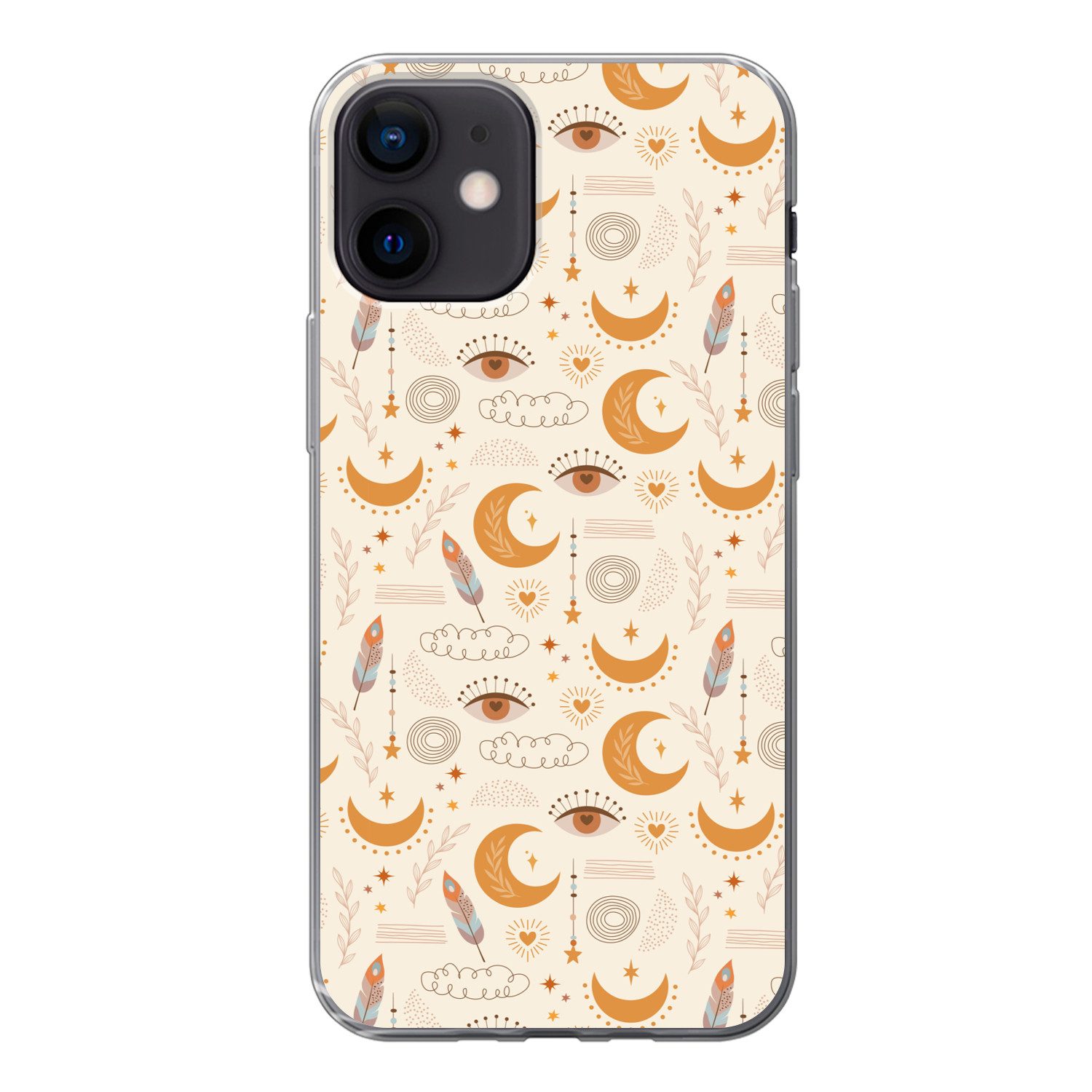 MuchoWow Handyhülle für Apple iPhone 12 Boho - Druck - Augen - Mond - Federn - Beige, Smartphone-Bumper, Print, Handy Schutzhülle Dünn