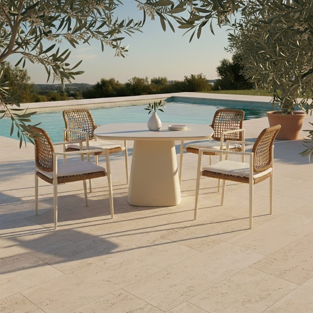 CASA DOMA Garten-Essgruppe Lavello/Lioni, Gartentisch 120x120 cm mit 4 Stapelstühlen, (Outdoor-Set, 5-tlg., Gartenmöbel-Set), Tischplatte Sinterstein, Aluminium cream