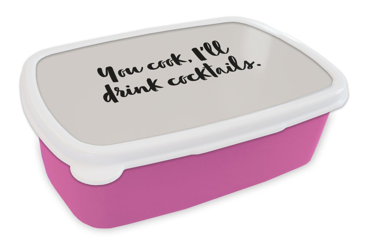 MuchoWow Lunchbox Zitate - Cocktail - Du kochst, ich trinke Cocktails - Sprichwörter -, Kunststoff, (2-tlg), Brotbox für Erwachsene, Brotdose Kinder, Snackbox, Mädchen, Kunststoff rosa