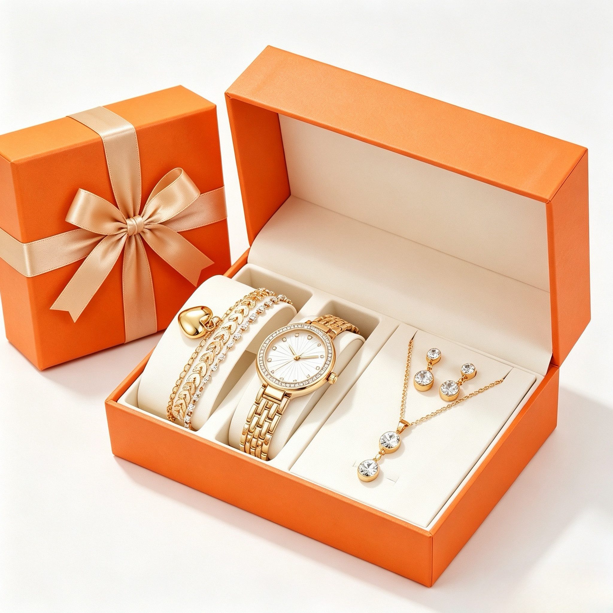 Fyrove Quarzuhr Damen Schmuck-Uhrenset Elegante Geschenkbox – Geschenk für Frauen, (mit Quarzuhr, Halskette, Ohrringen und 3 Armbändern inkl, 7-tlg., Valentinstagsgeschenk für Frauen, Weihnachtsgeschenk für Frauen)