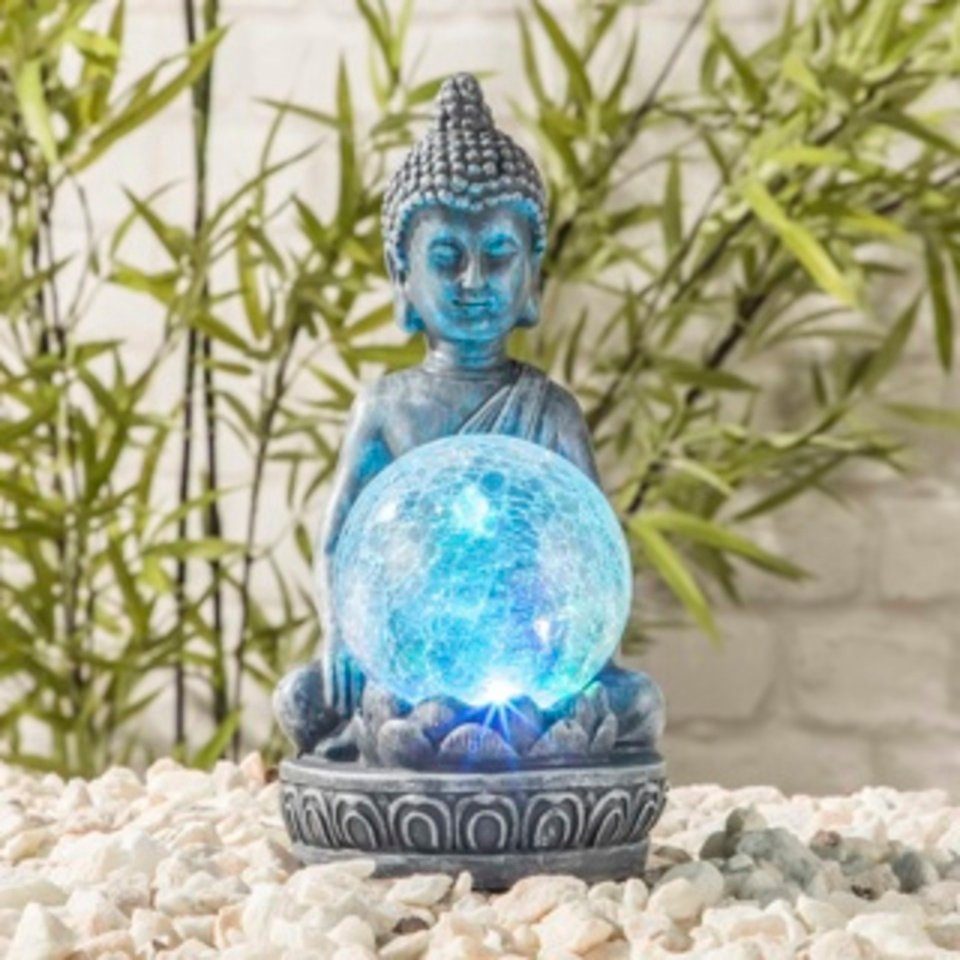 HI LED Außen-Stehlampe LED Solar Buddha mit Crackle Glaskugel Maße: ca. 11,5 x 9,5 x 19,5 cm