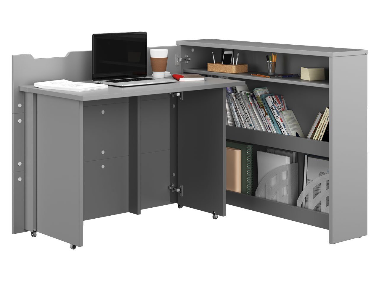 MIRJAN24 Schreibtisch Work Concept ausgestattet Klappbarer, CW-01 Grau zum Regale), einfacheren Aufklappen mit Rollen (interne