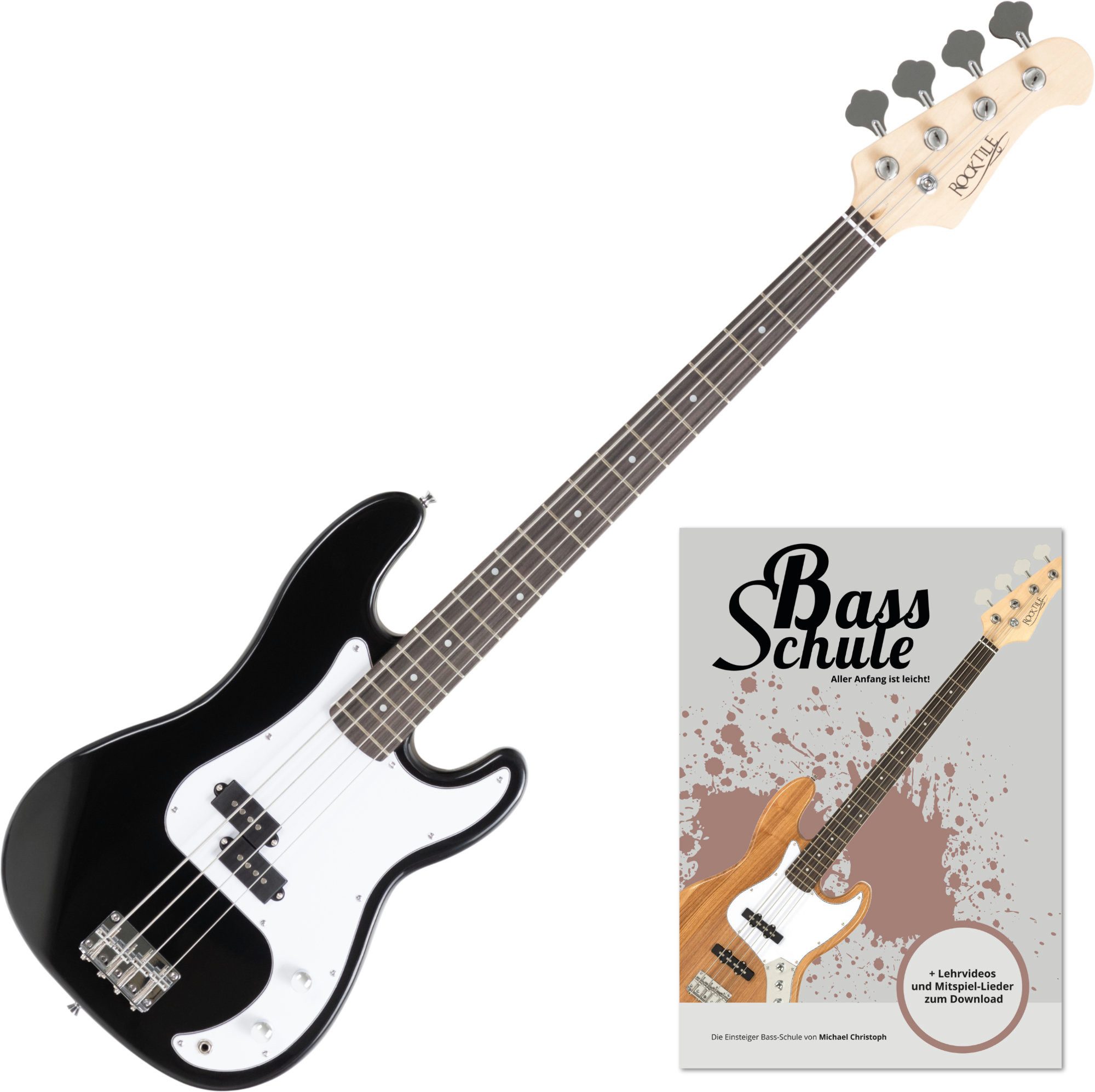 Rocktile E-Bass Puncher Preci Style Elektrobass (Bassgitarre inkl. Bass-Schule), Schule-Set, inkl. Bass-Schule mit CD & Kabel, Mensur: Longscale