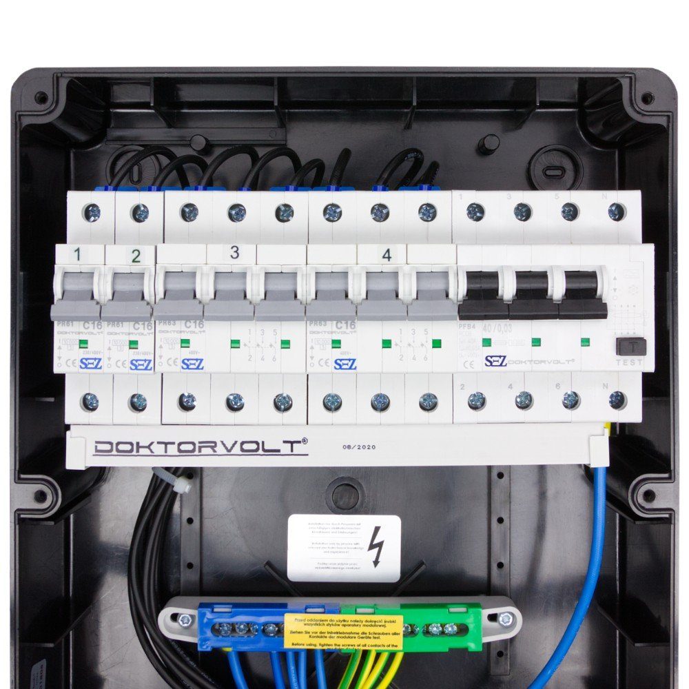 Doktorvolt Stromverteiler TD-S/FI 2x16A 4x230 mit Mennekes-Dosen Steckdosenverteiler 6-fach (2 x LSS C16 3P 10kA, 2 x LSS C16A 1P 10kA, 1x Fi-Schalter 40A 30mA 4P Typ A)