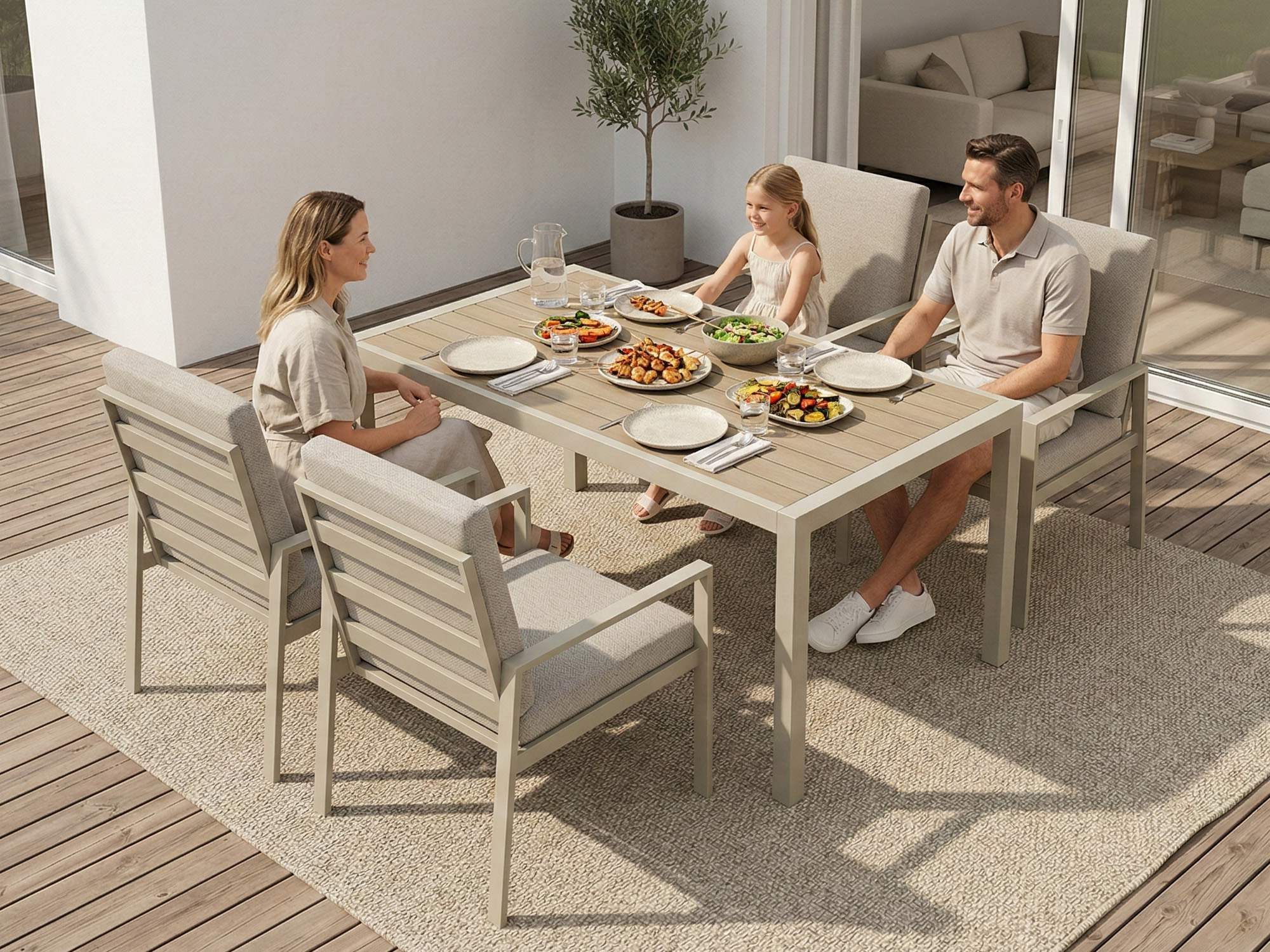 MeXo Gartenlounge-Set Gartenmöbel Set Aluminium Outdoor, (Garten-Essgruppe für 4 Personen, 5-tlg., mit Polywood Tisch & Auflagen), wetterfest für Terrasse & Garten