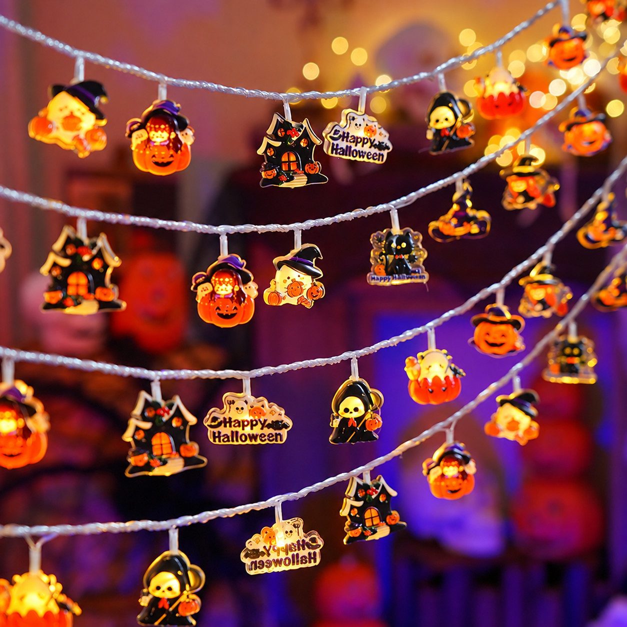 nsihing LED-Lichterkette Halloween Lichterkette 30 LED, Kürbis- & Geisterlichter, Batteriebetrieben mit Blinkmodi für Innen & Außen
